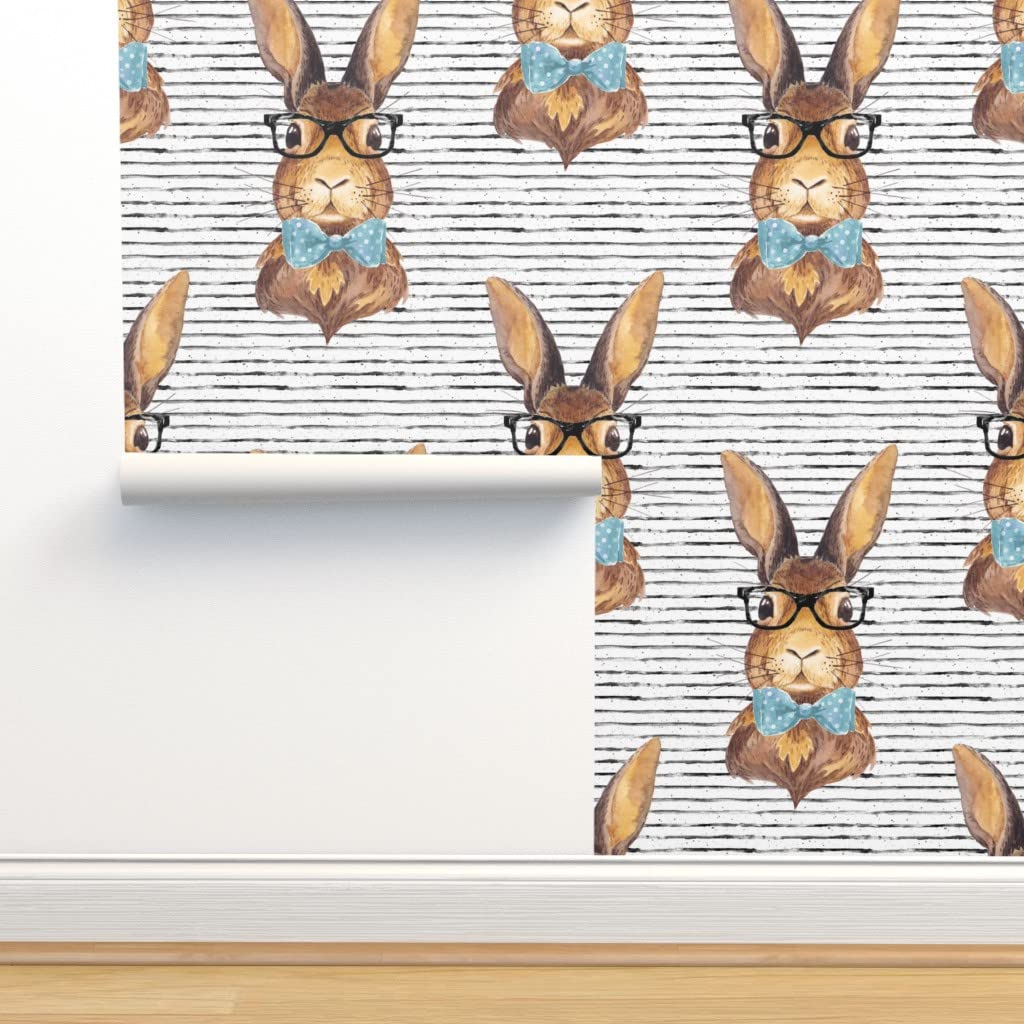 12ft x 2ft Peel & Stick Removable Wallpaper - Bunny Glasses Stripes Rabbit Easter Design | Watercolor Nursery Decor for Baby Room, Spring Party & Hipster Home | Custom Wallpaper by Spoonflower