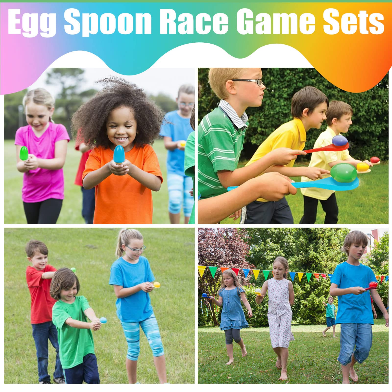24 Pack Easter Egg and Spoon Race Game Set - 6 Colors with 12 Plastic Eggs & 12 Spoons - Fun Kids Outdoor Party Games for Easter, Halloween, Birthday Parties & Field Day Activities