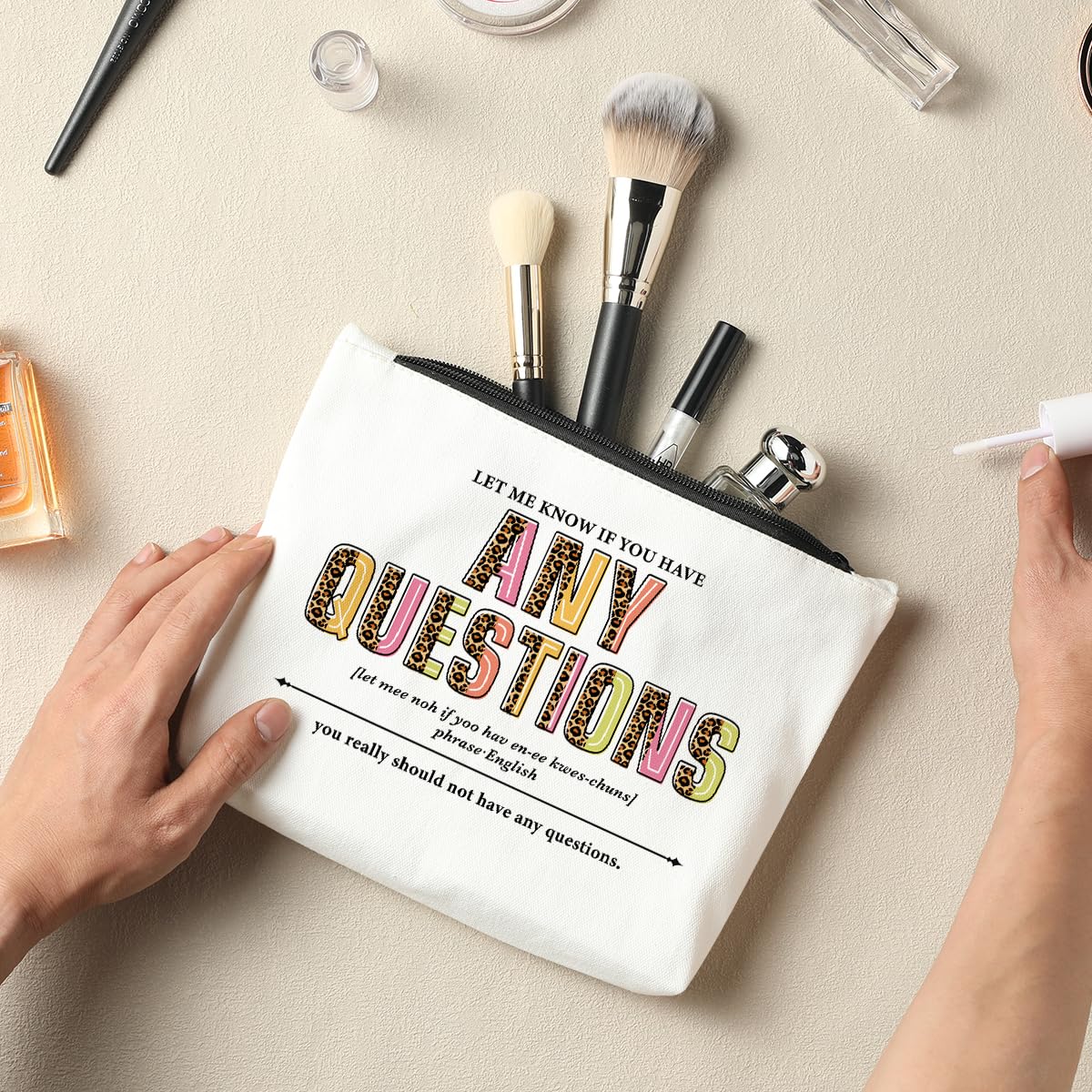 Funny Inspirational Makeup Bag - 'Let Me Know If You Have Any Questions' Definition Noun Cosmetic Pouch | Cute Office Accessories & Gifts for Women, Boss, Leader, Coworker | Perfect for Birthday, Thank You, Work Anniversary | Great for Daily Makeup Storage & Office Humor