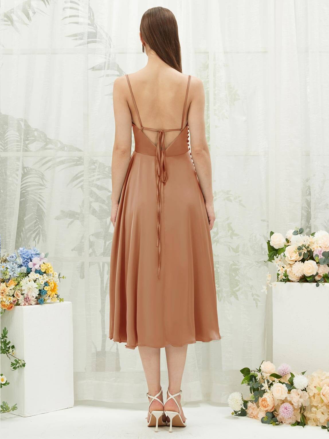 Luxury Silk Satin Bridesmaid Dress with Cowl Neck & Spaghetti Straps - Elegant Button Slit Design for Weddings, Parties & Special Occasions