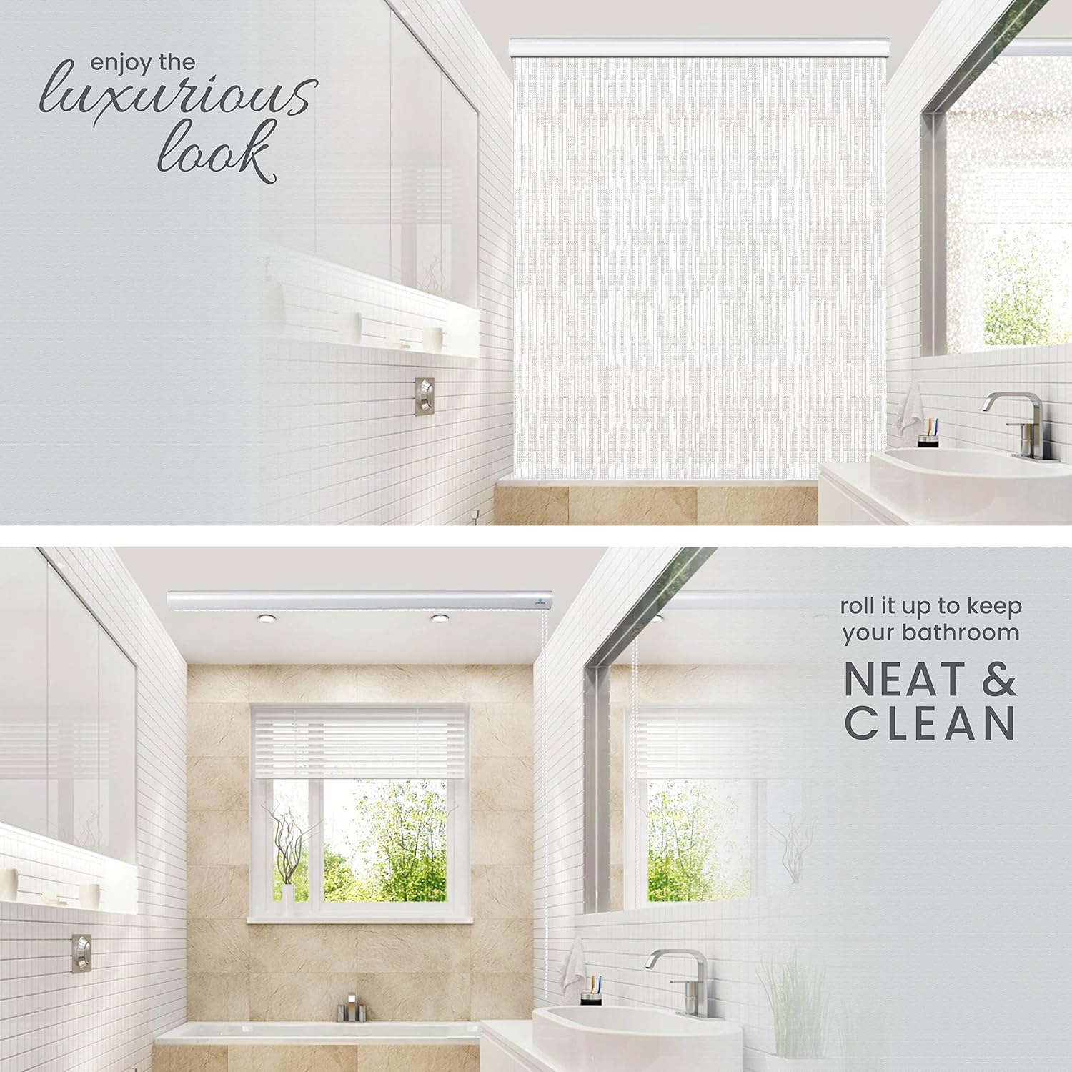 Waterproof Rollup Shower Curtain for Bathroom - 100% PEVA Heavy Duty Bathtub Roller Blind Curtain (56