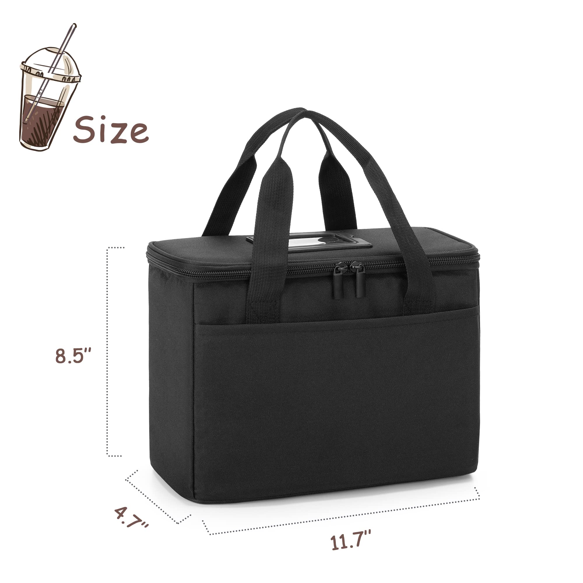 Trunab Reusable 3-Cup Insulated Drink Carrier with Adjustable Dividers - Patented Design Beverage Caddy Holder for Delivery, Takeout & Outdoor Use - Perfect for Coffee, Smoothies & Bubble Tea (Black)