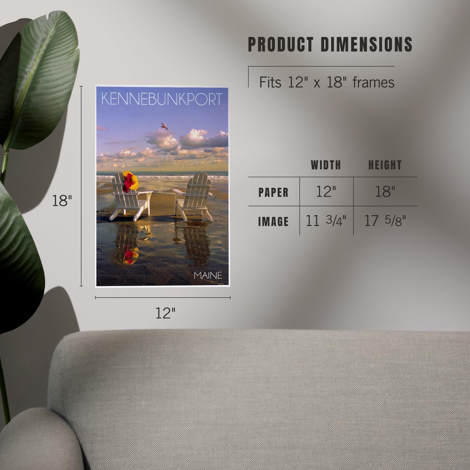 Lantern Press 12x18 Inch Kennebunkport Maine Coastal Art Print - Adirondack Chairs Beach Wall Decor for Living Room, Bedroom & Office