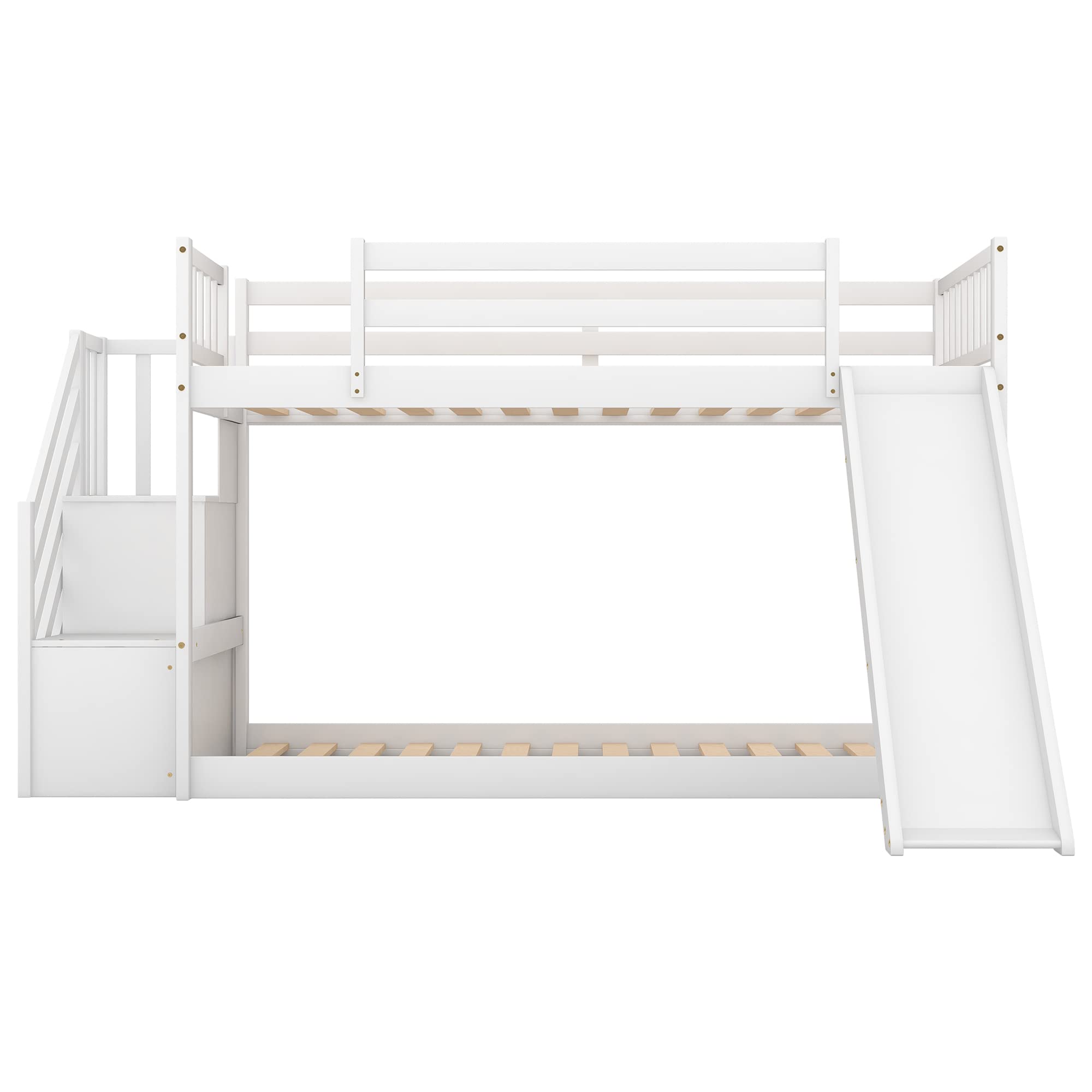 Harper & Bright Designs Twin Over Twin Low Profile Bunk Bed with Slide & Staircase - Solid Wood Kids Bunk Bed, No Box Spring Needed, White - Perfect for Small Rooms, Kids' Bedrooms & Sleepovers