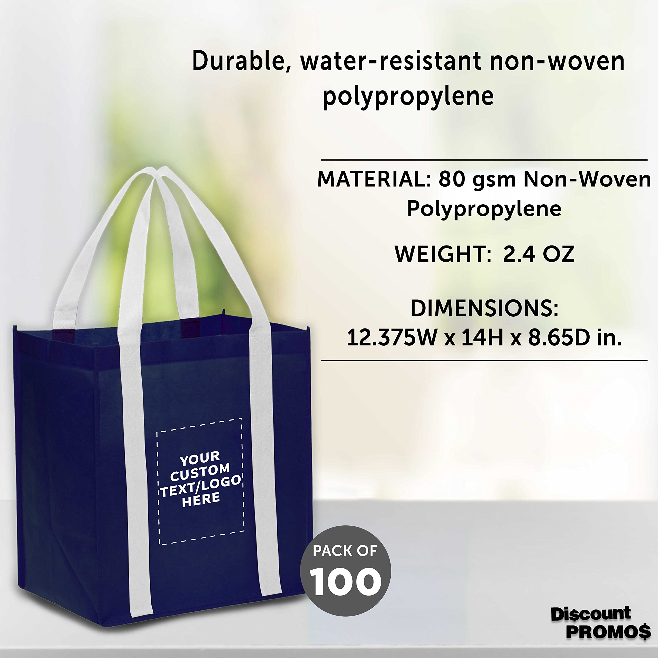 Custom Non-Woven Reusable Shopping Tote Bags - Bulk Pack of 100 Personalized Grocery Bags - Eco-Friendly Navy & White Totes for Shopping, Beach, Picnics, Wedding Favors & Retail Promotions