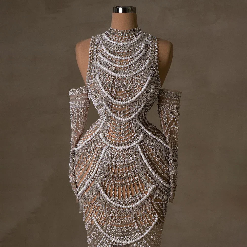 Luxury Dubai Arabian Nude Mermaid Evening Gown with Pearl Beading - Elegant Formal Dress for Weddings, Galas & Special Occasions - LA72091A