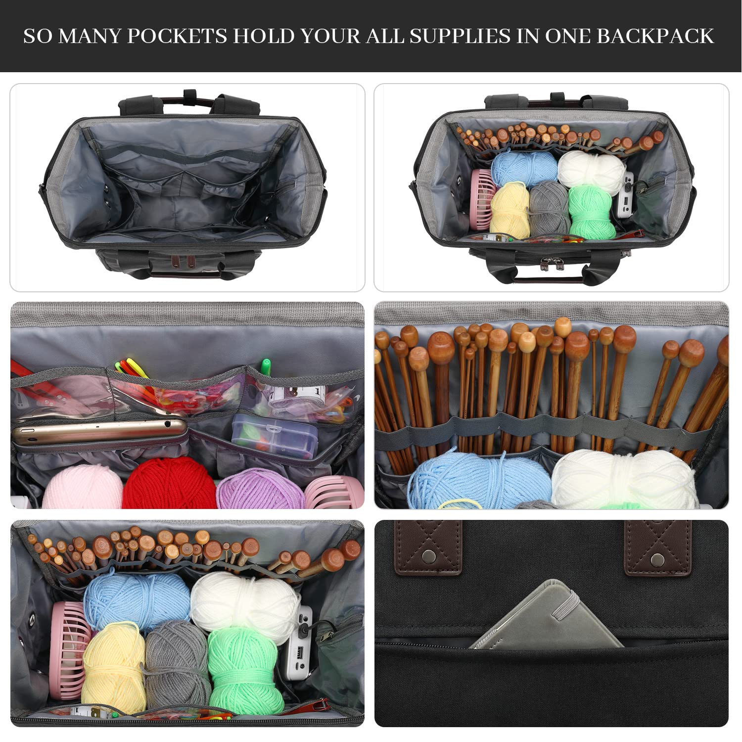 Crochet Backpack with USB Port - Yarn Storage Organizer for Travel & Knitting