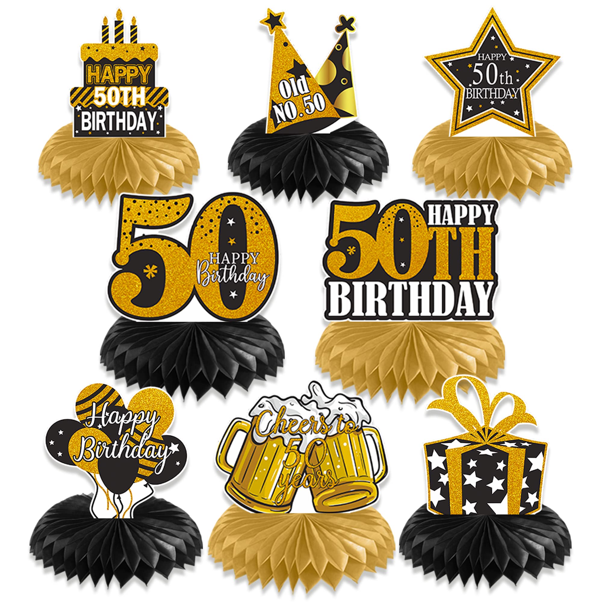 **50th Birthday Party Decorations - 8Pcs Black & Gold Honeycomb Centerpieces for Men & Women - Happy 50th Birthday Table Decor - Cheers to 50 Years - Perfect for Milestone Celebrations & Themed Parties**
