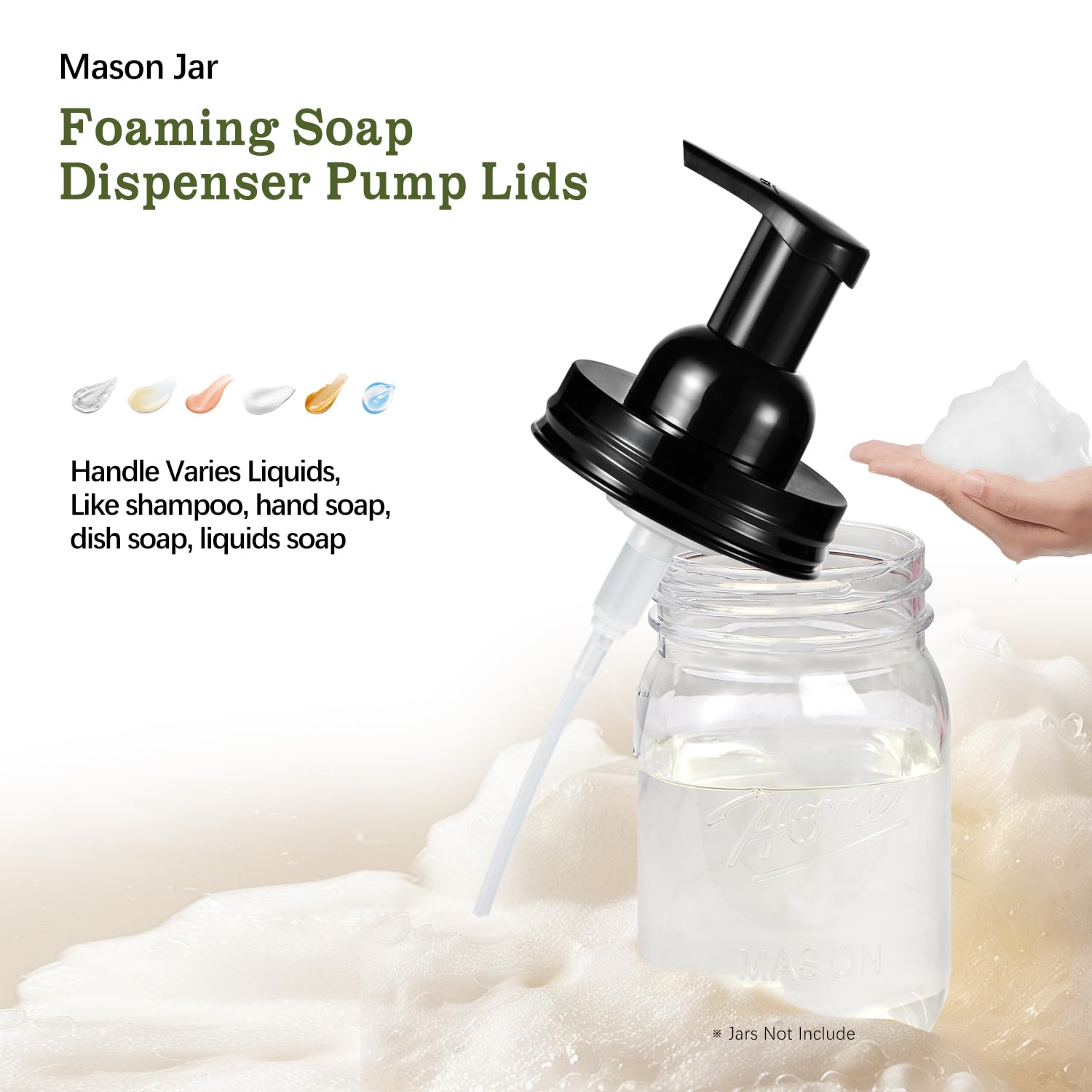 Amolliar Mason Jar Foaming Soap Dispenser Lids - 4 Pack Black Plastic Foam Pump Lids for Regular Mouth Jars | Farmhouse Kitchen & Bathroom Accessories | Includes Waterproof Stickers | Perfect for Hand Soap, Dish Soap & Shower Gel Dispensers