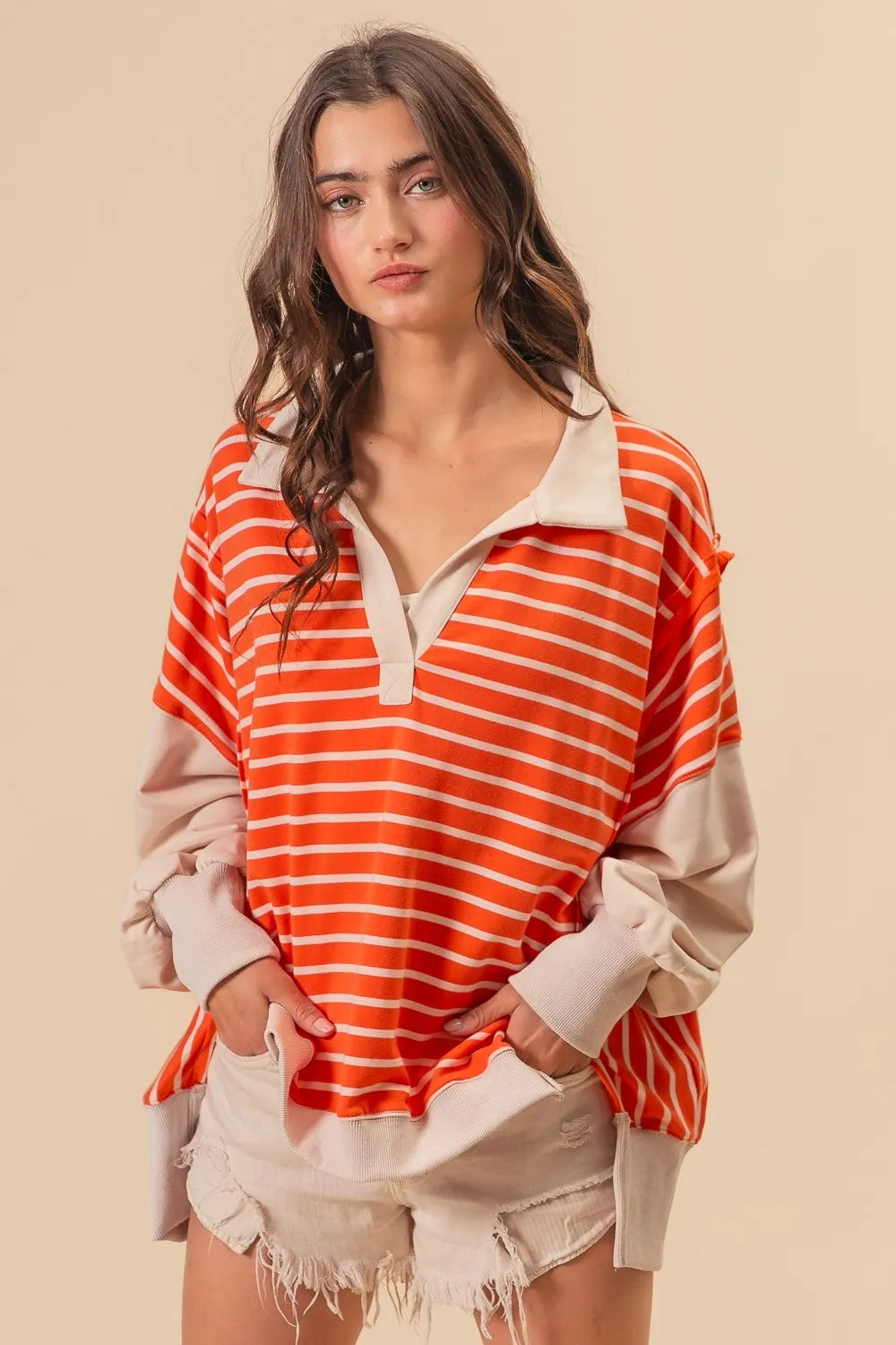 BiBi Stripe Knit Loose Fit T-Shirt with Cut Edge Detail - Casual Women's Top for Everyday Wear, Outings & Layering