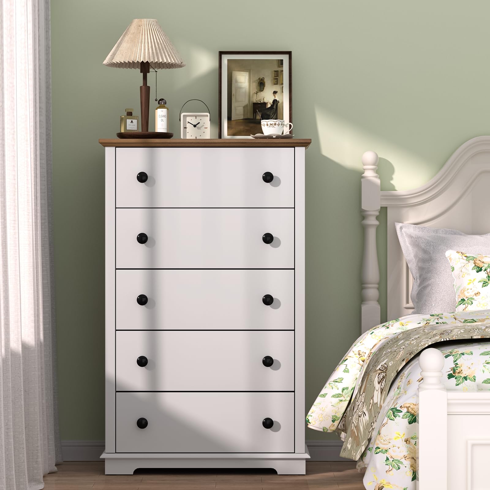 HIFYOBRO 5-Drawer Dresser with Double Anti-Tip Safety, White Wooden Chest of Drawers for Bedroom, Living Room & Entryway - Sturdy Storage Solution for Clothes, Toys & Home Organization