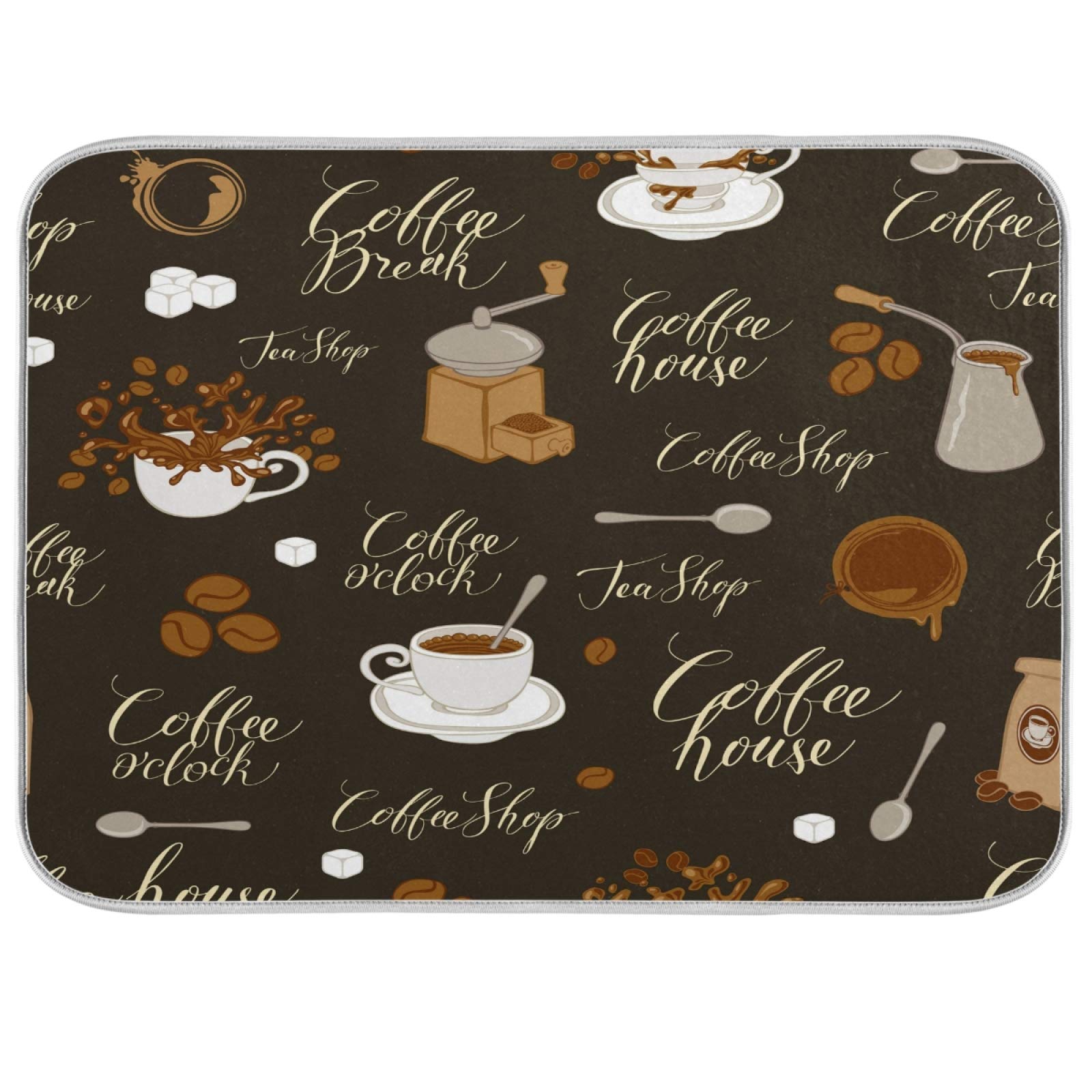 Absorbent Reversible Microfiber Dish Drying Mat 18x24 Inch - Retro Tea Coffee Theme for Kitchen Counter