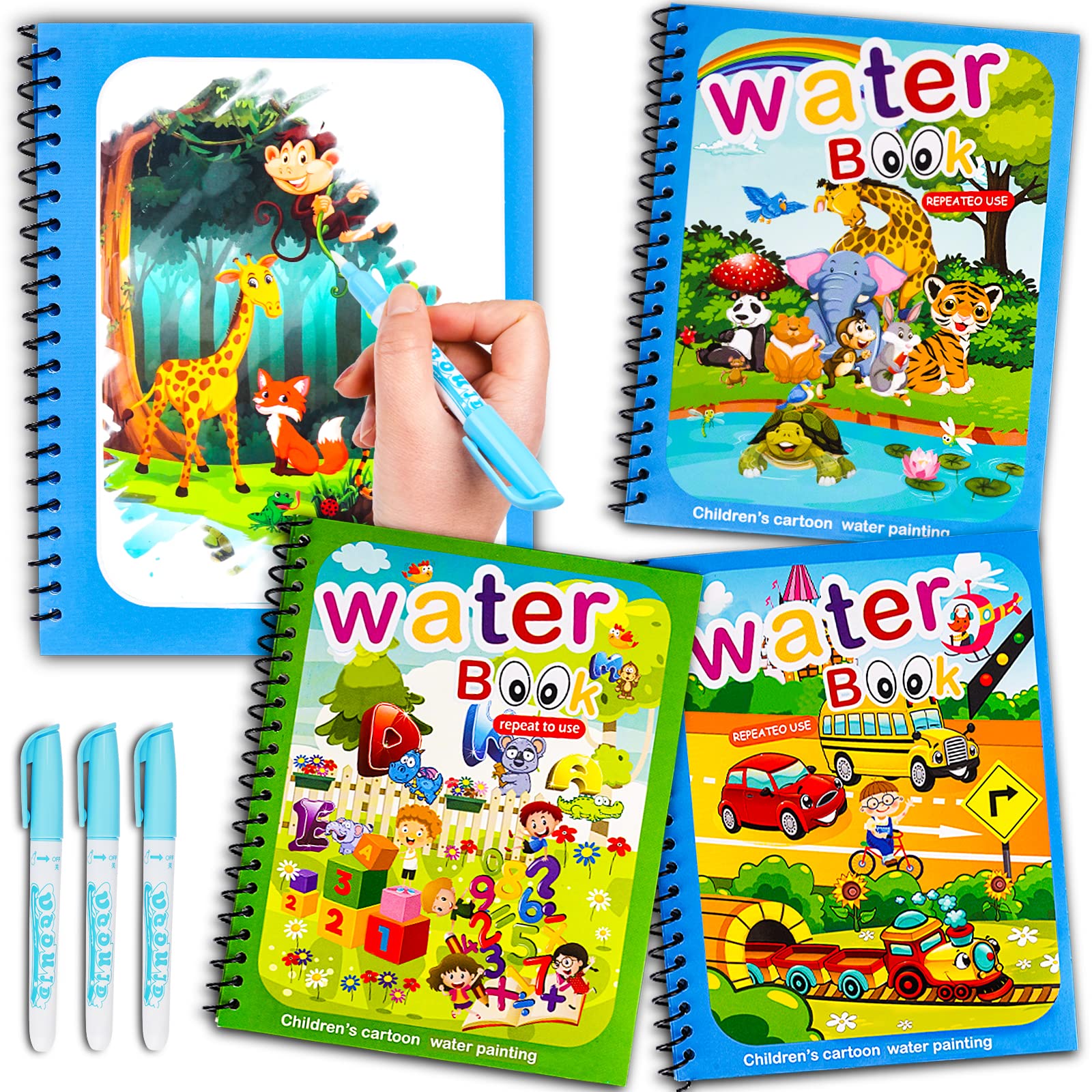 Water Coloring Books for Toddlers 3-5 Years - Reusable Water Doodle Painting Book Set (3 Pack) - Mess-Free Travel Activity Toys for Kids - Perfect for Airplane, Car Rides & Quiet Playtime