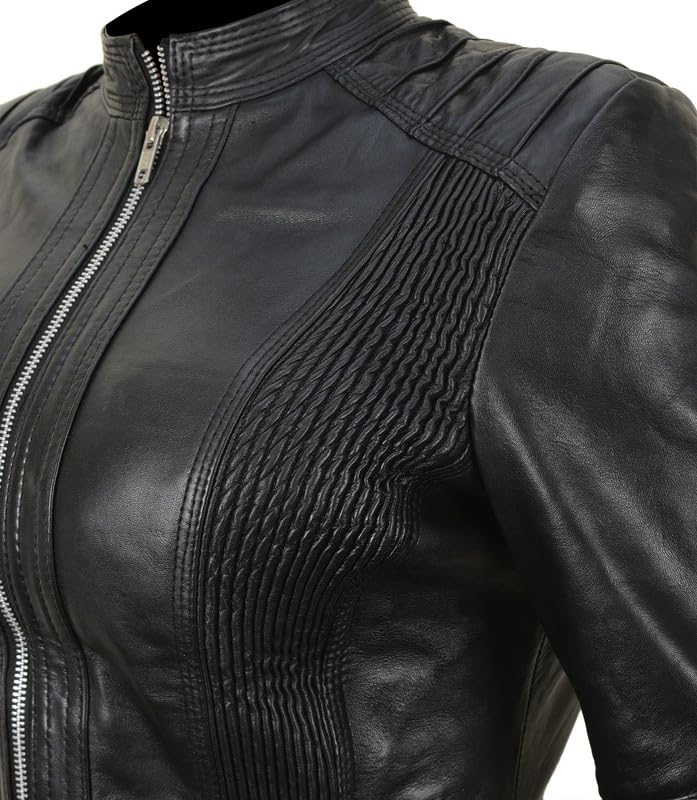 SpazeUp Women's Black Asymmetrical Genuine Leather Motorcycle Jacket - Stylish Cafe Racer Biker Jacket for Women | Perfect for Riding, Night Out & Street Fashion