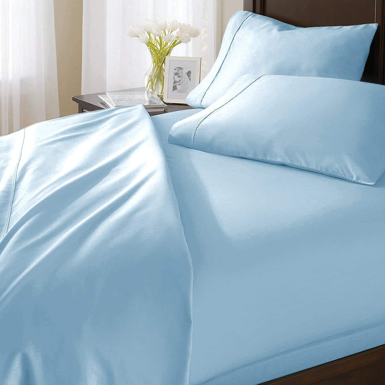 Premium 4-Piece Twin XL Bed Sheet Set - 600 Thread Count 100% Long Staple Cotton, Light Blue - Deep Pocket Fits Mattress Up to 15