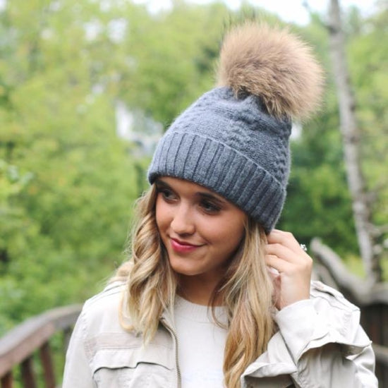 Soft Angora Cable Knit Fur Pom Beanie for Women - Winter Warm Knitted Hat with Faux Fur Ball - Perfect for Snowboarding, Skiing & Cold Weather Fashion