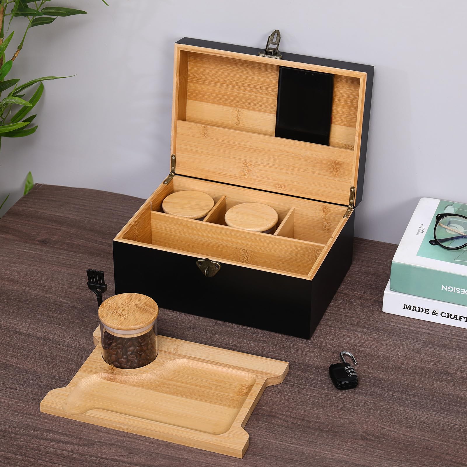ARTAWEIN Decorative Storage Box Set with Removable Tray & Combination Lock - 3 Glass Jars & Detachable Dividers - Multipurpose Organizer for Jewelry, Makeup, Office Supplies (Black) - Perfect for Home Decor, Gift Giving & Clutter-Free Organization