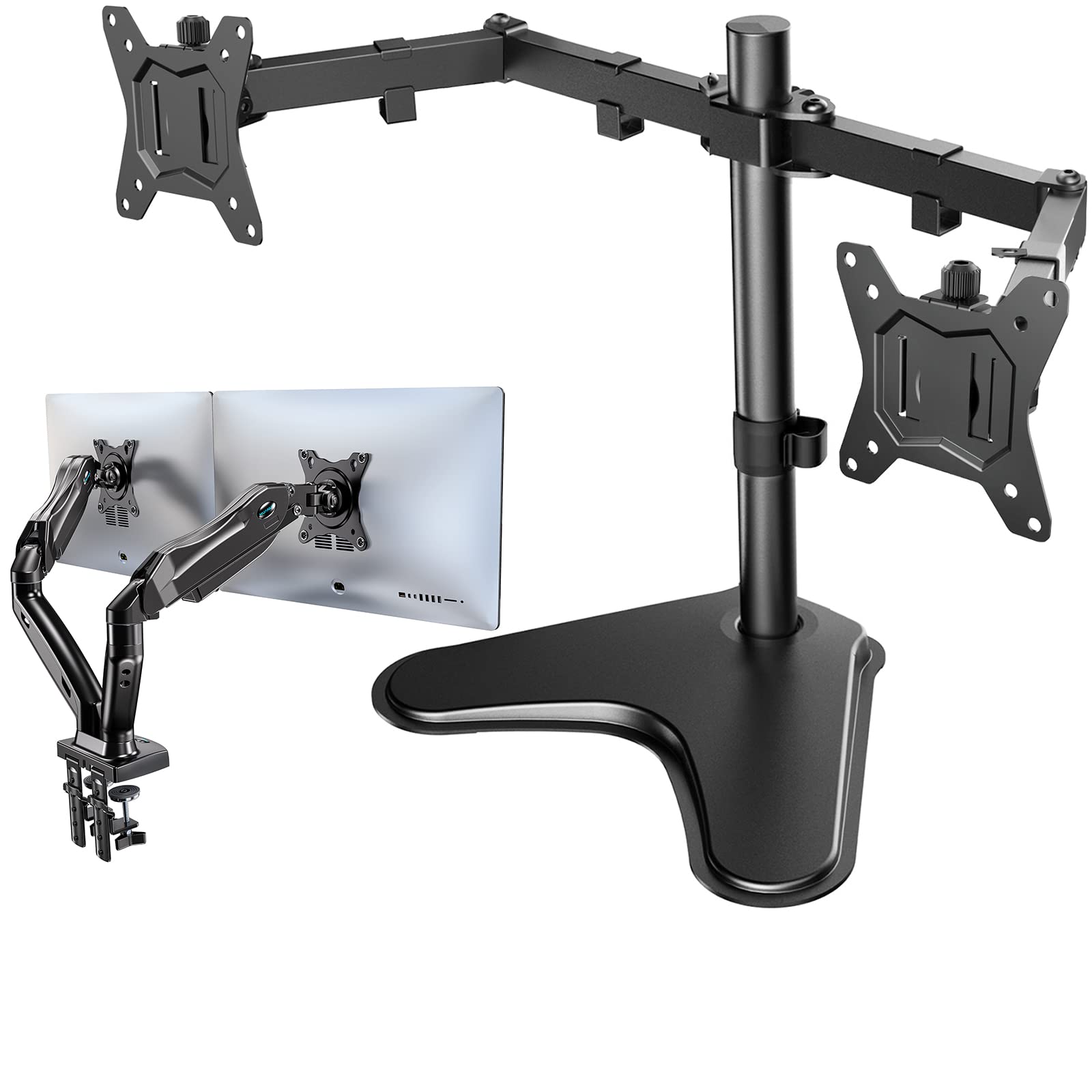 HUANUO Dual Monitor Stand Bundle - Heavy Duty Base & Gas Spring Desk Mount for 13-32 Inch Screens | Perfect for Home Office & Gaming Setup