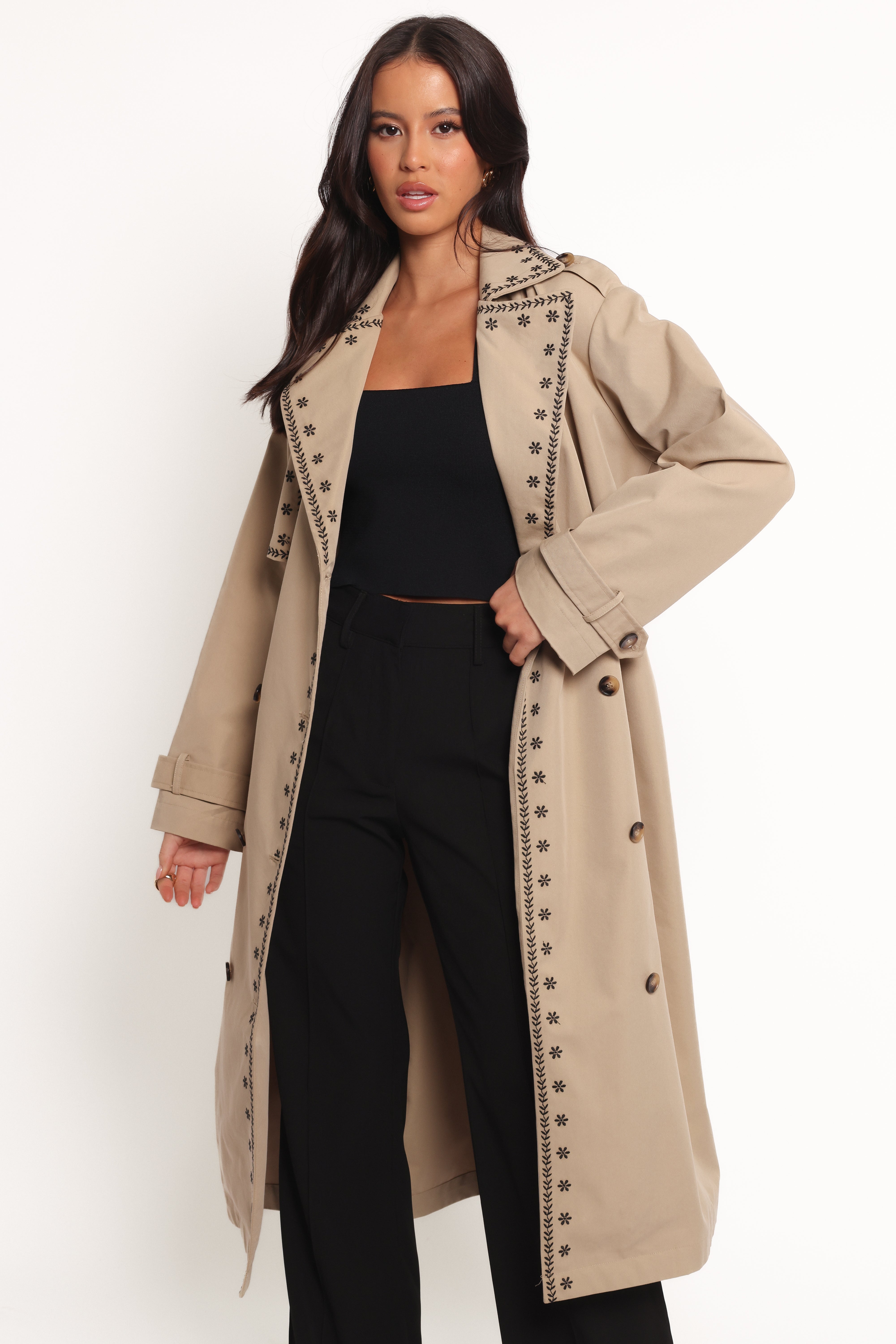 Grayson Embroidered Trim Trench Coat for Women - Classic Taupe Waterproof Long Coat - Perfect for Fall Winter Fashion, Office Wear & Outdoor Activities
