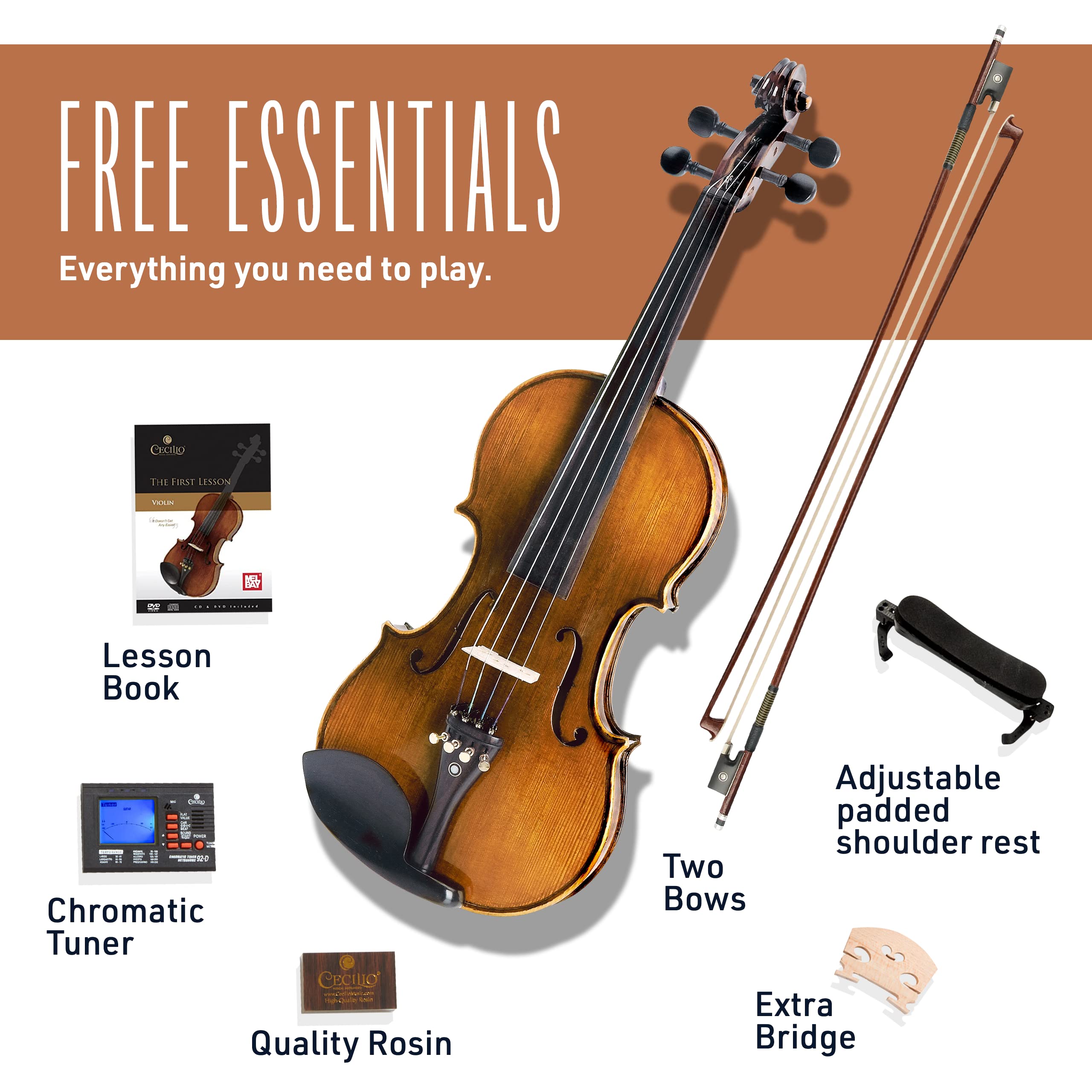 Cecilio CVN-600 Full Size 4/4 Solid Wood Violin with Hand Oil Rub Finish & D'Addario Prelude Strings - Highly Flamed 1-Piece Back for Professional Musicians & Students - Perfect for Orchestras, Concerts & Music Lessons