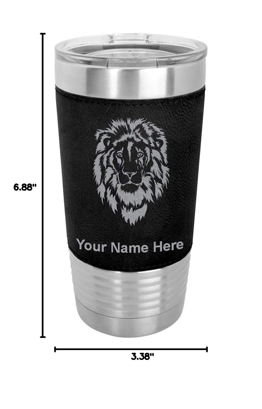 LaserGram 20oz Vacuum Insulated Stainless Steel Tumbler Mug with Leak-Proof Lid - Personalized Engraved Lion Head Design, Faux Leather Wrap (Black) - Perfect for Coffee, Tea & Cold Drinks at Home, Office or Travel