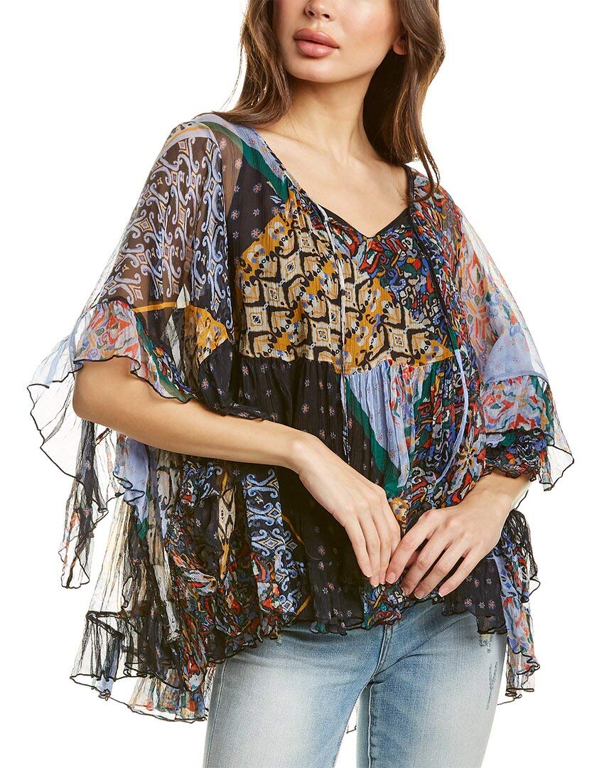 Johnny Was Women's Short Sleeve Boho Blouse - Floral Printed V-Neck Tunic Top for Casual Wear & Summer Outfits