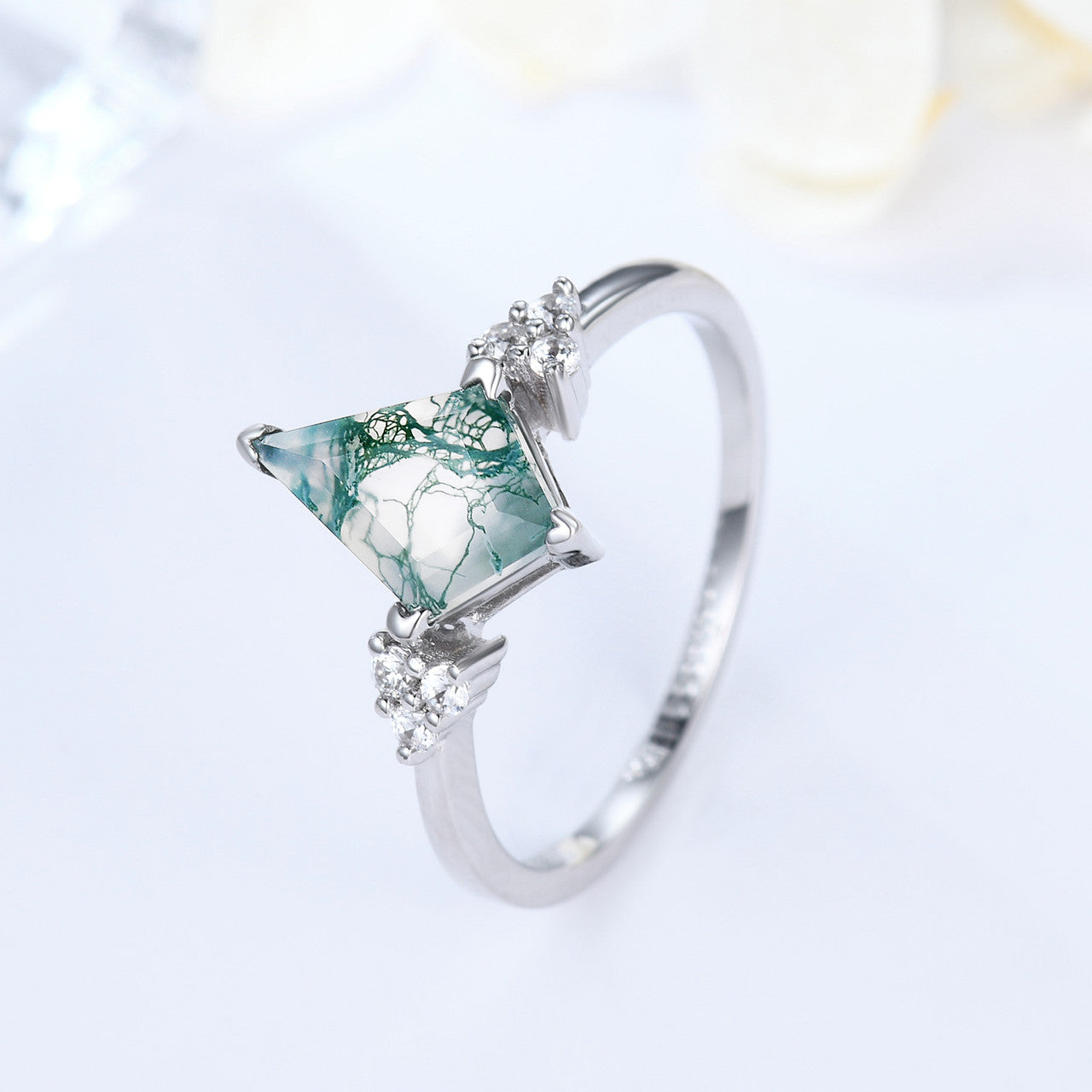 Vintage Kite-Shaped Natural Moss Agate & Diamond Engagement Ring in 14K White Gold - Perfect for Romantic Proposals, Anniversaries & Unique Bridal Jewelry