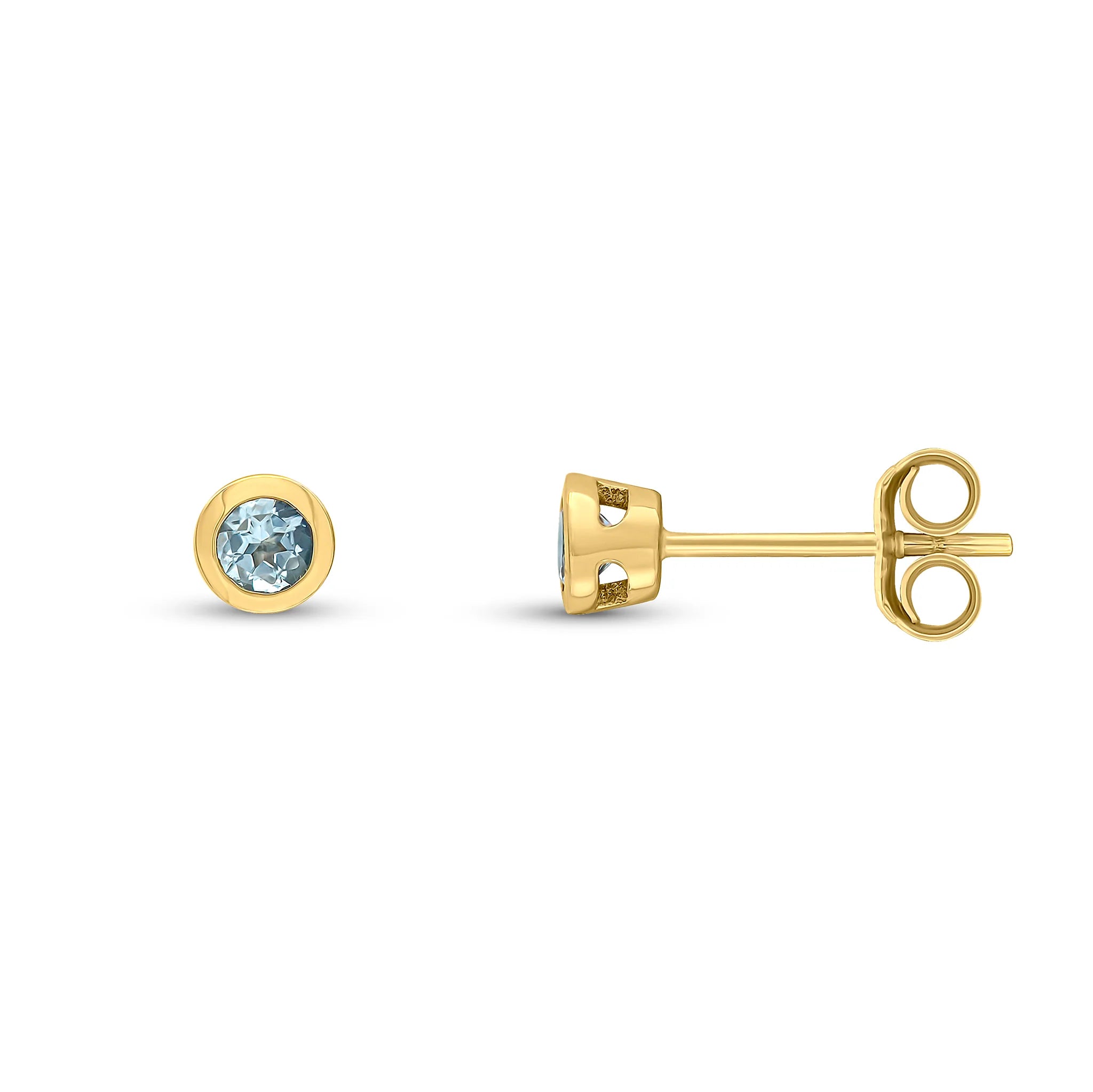 9ct Yellow Gold Aquamarine 3mm Round Rubover Stud Earrings - Elegant Blue Gemstone Jewelry for Women - Perfect for Everyday Wear, Gift Giving & Special Occasions