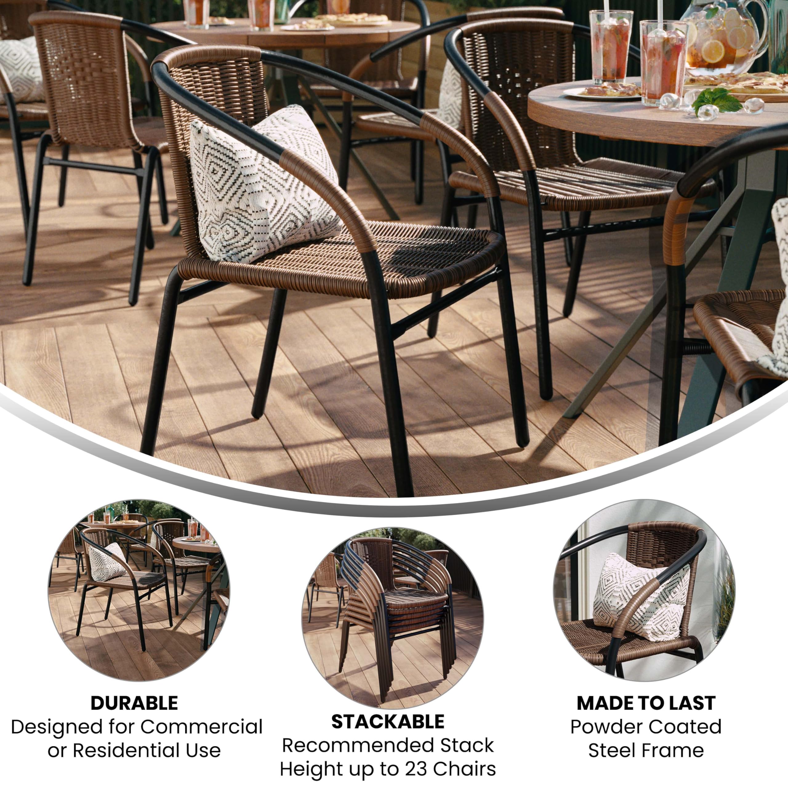 Flash Furniture Lila Modern Rattan Stackable Dining Chairs - Indoor/Outdoor Bistro Chairs Set of 2, Brown - Perfect for Patio, Restaurant, Cafe, and Home Dining Use