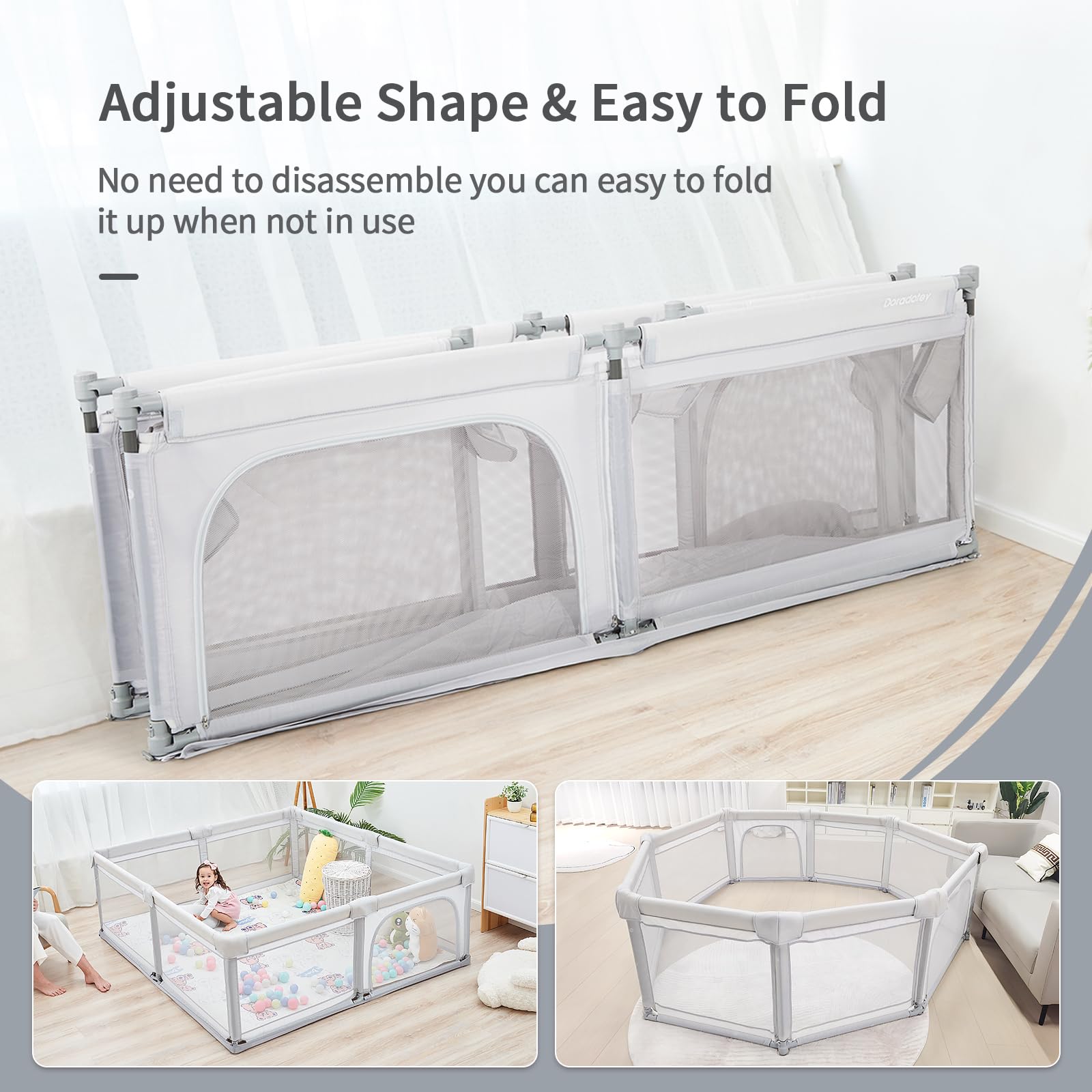 Foldable Baby Playpen 79x59 Inches - Adjustable Play Yard for Toddlers 1-3 Years, Indoor & Outdoor Safety Gate with Carry Bag - Light Grey | Perfect for Home, Nursery, Park & Travel Use