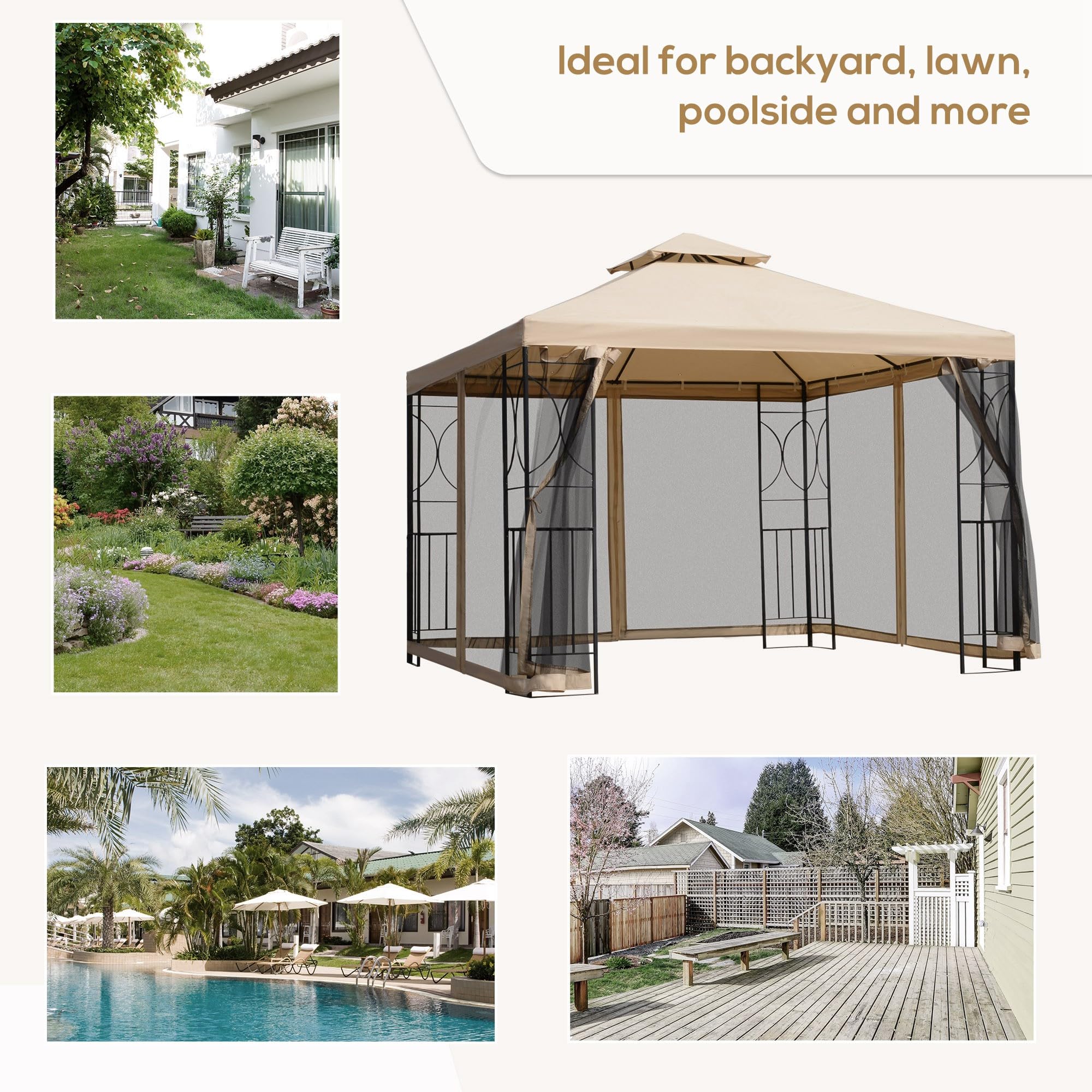 Outsunny 10' x 10' Outdoor Gazebo Canopy with Corner Shelves, Netting & Vented Roof - Perfect for Garden, Lawn, Backyard, Deck, and Patio Parties
