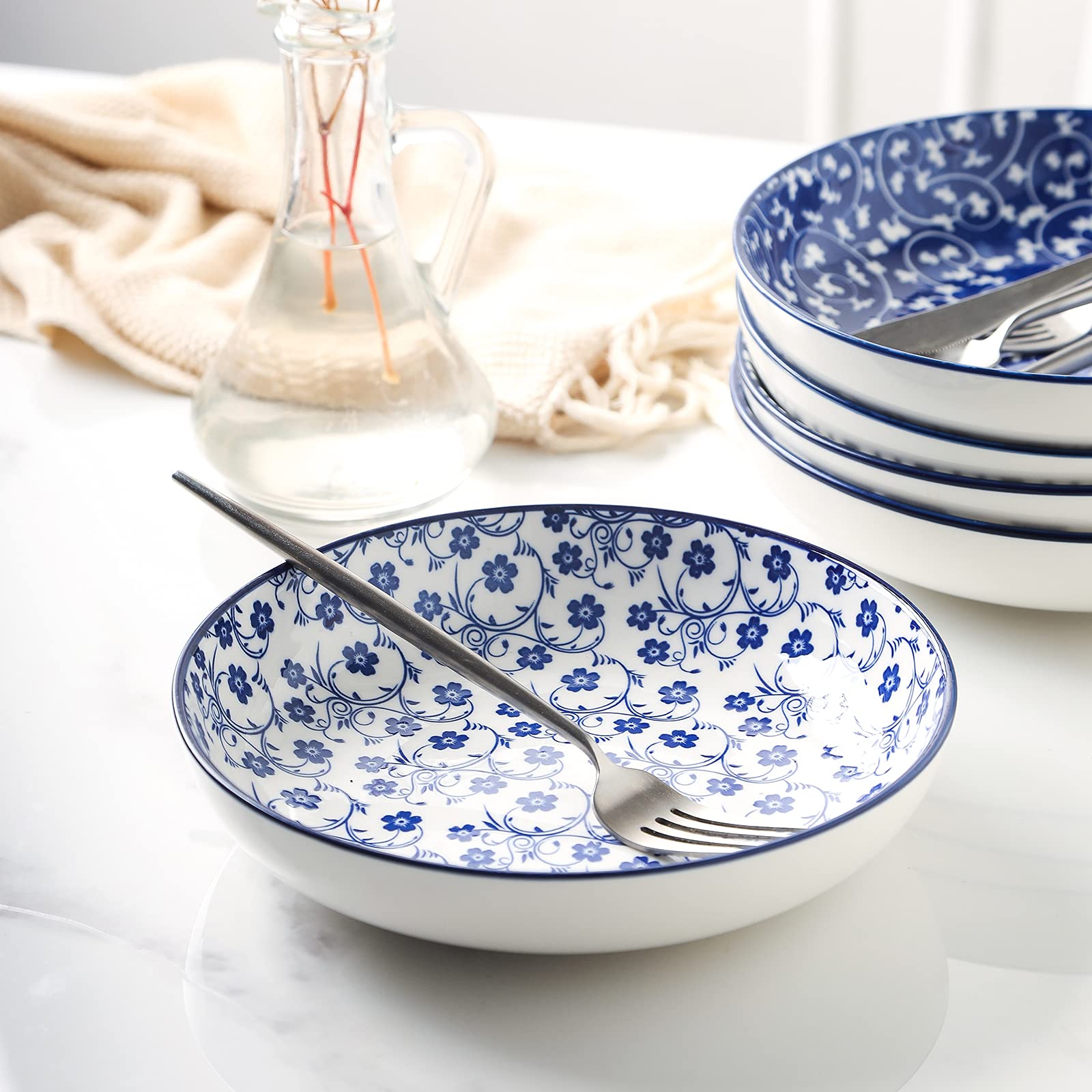 Selamica 26oz Porcelain Salad Pasta Bowls Set of 6 - Microwave & Dishwasher Safe, Stackable Serving Bowls in Vintage Blue - Perfect for Family Dinners, Parties & Restaurant Use