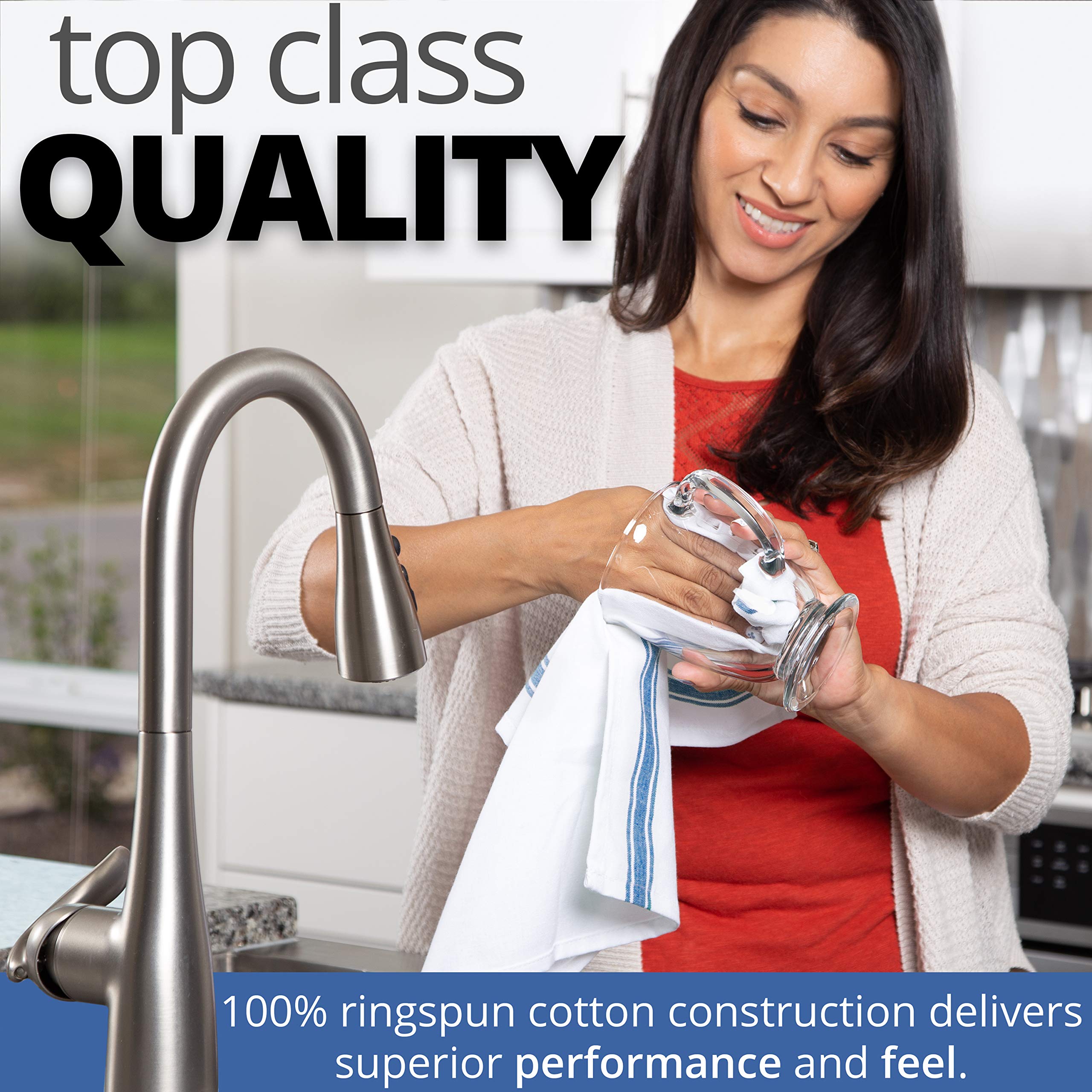 Aunti Em's Kitchen Dish Towels Set - 13 Pack Premium Natural Cotton Fabric for Embroidery, Zero-Lint Absorbent Cloth for Drying Dishes, Glasses & Hands - 25.5 x 15.5 Inch Blue Stripes - Perfect for Kitchen, Dining & Hosting Gifts