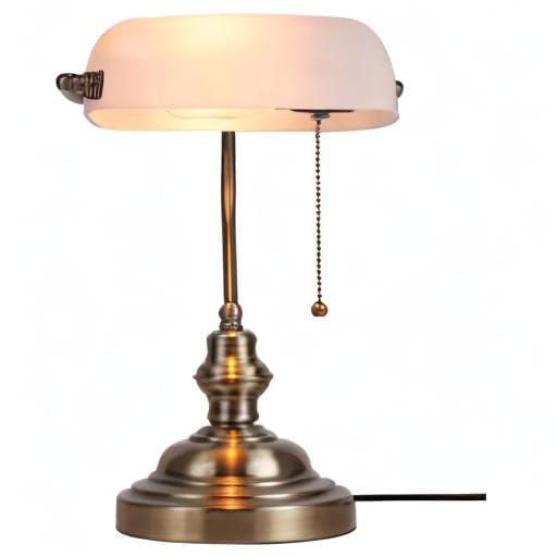 Newrays White Matted Glass Bankers Desk Lamp with Pull Chain Switch - Plug-in Fixture for Home Office, Study & Reading (Modern Task Lighting)