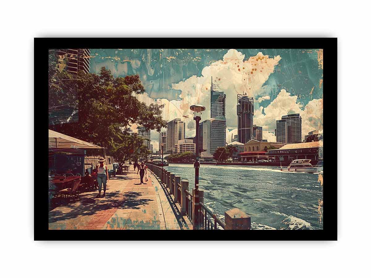 Brisbane City Vintage Art Print - Retro Wall Decor for Living Room, Office & Bedroom - Unique Australian Landscape Canvas Poster