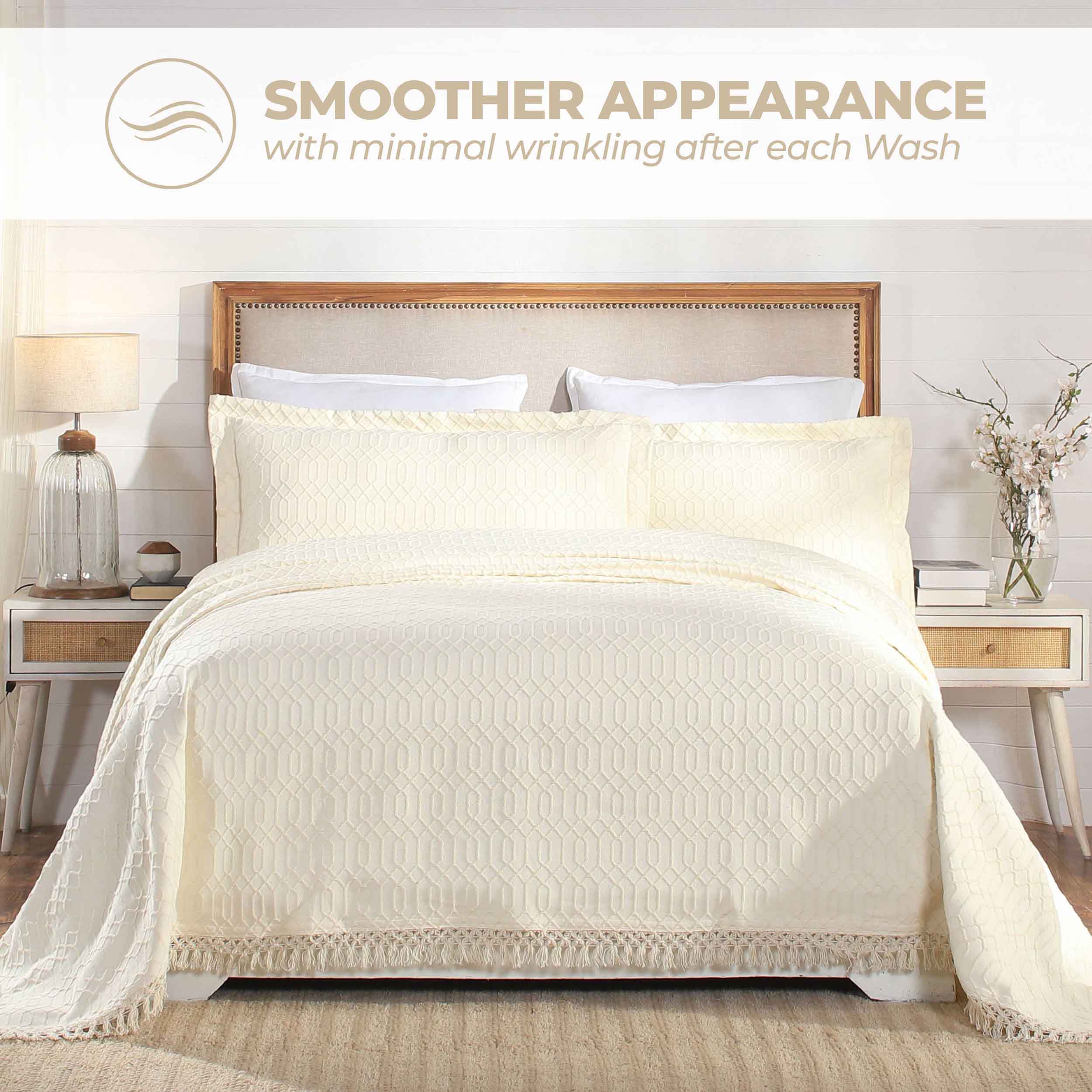 Remi Cotton Blend Jacquard Woven Geometric Fringe Bedspread Set - Queen Size Luxury Bed Cover for Modern Bedroom Decor | Perfect for Master Bedroom, Guest Room & Dorm