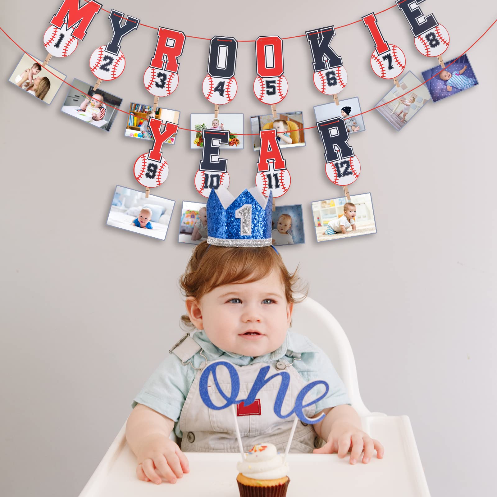 Geyee 2-Pack 1st Birthday Photo Banner Set - Rookie of the Year Baseball Theme Monthly Milestone Banner & High Chair Decor for Baby Shower, Sports Party Supplies - Perfect for Baseball-Themed First Birthday Parties