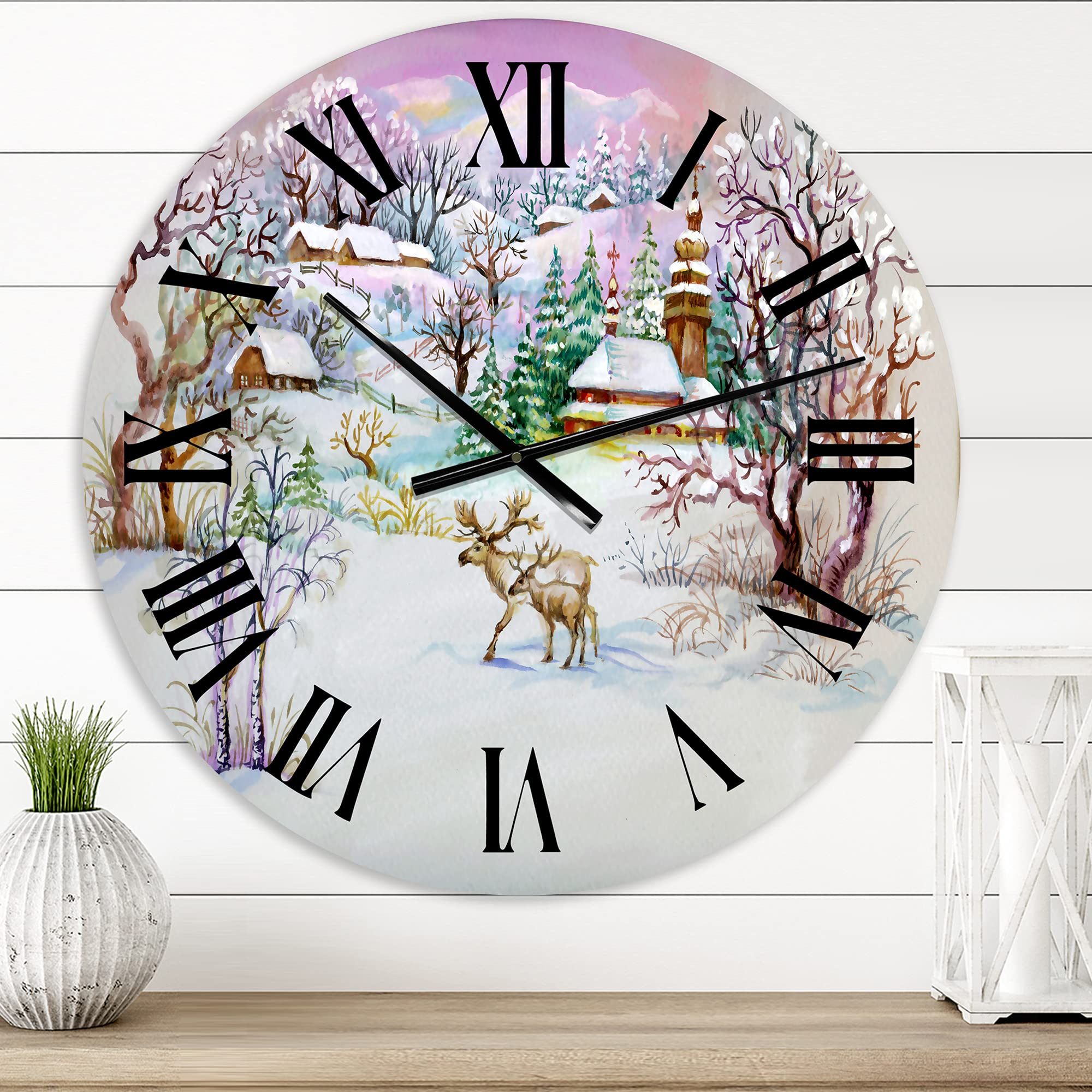 Winter Village Life Landscape Wall Clock - Large Traditional Wall Clock for Living Room, Bedroom & Office Decor - Perfect for Home, Farmhouse & Rustic Interior Design