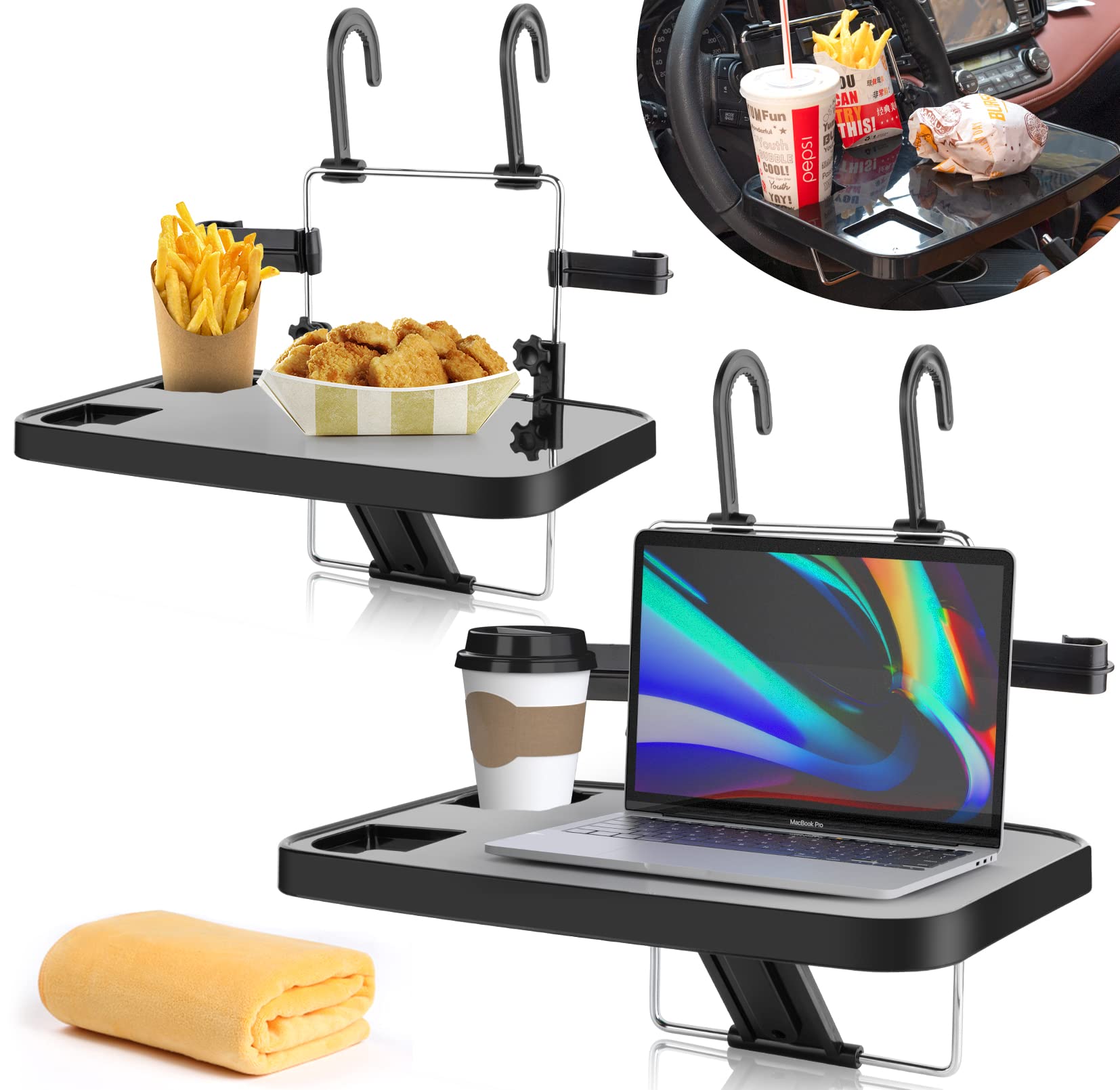 AutoChoice Foldable Car Seat Back Tray - Portable Steering Wheel Tray for Food, Drinks & Laptop (2 Pack) - Perfect for Road Trips, Commuting & In-Car Dining