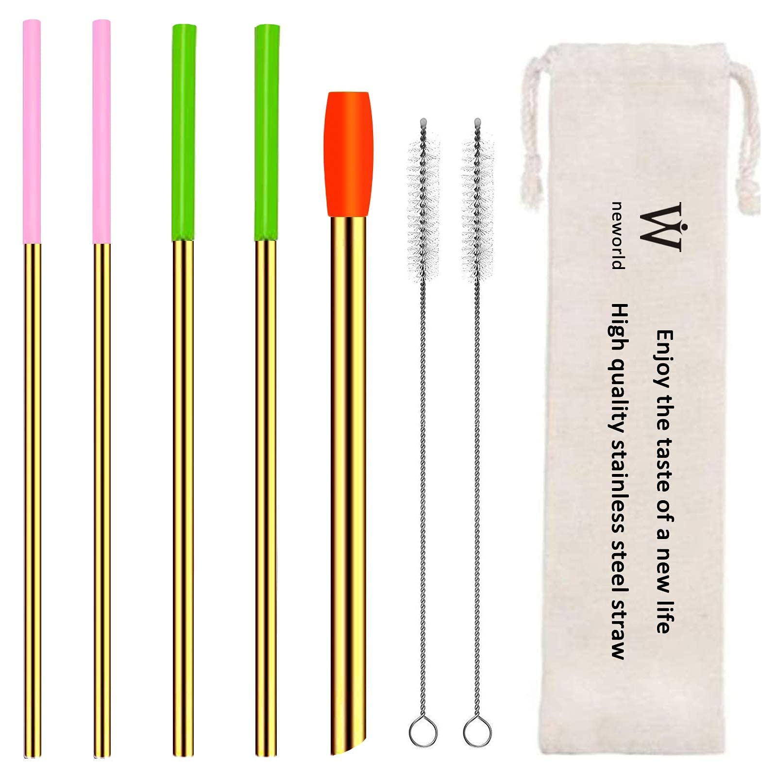 Reusable Stainless Steel Straws with Silicone Tips - 5-Pack for Bubble Tea & Drinks On-the-Go (Gold)