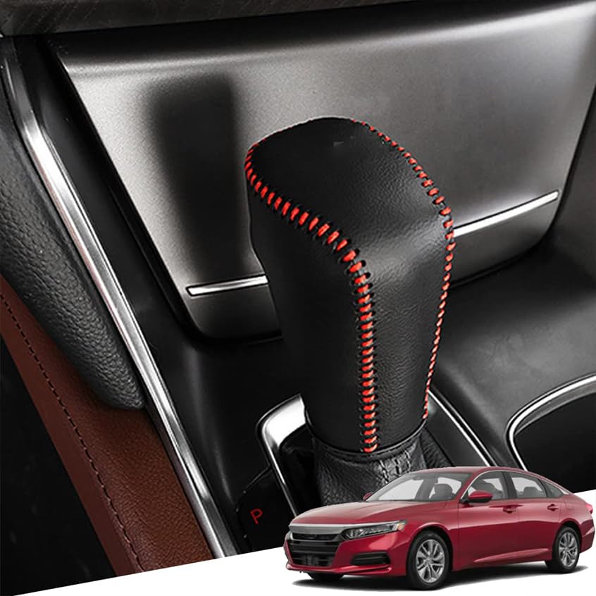 Genuine Leather Automatic Gear Shift Knob Cover Protector Trim - Car Interior Accessories with Red Stitches for Honda 10th Gen Accord (2018-2022) | Premium Upgrade for Comfort & Style While Driving