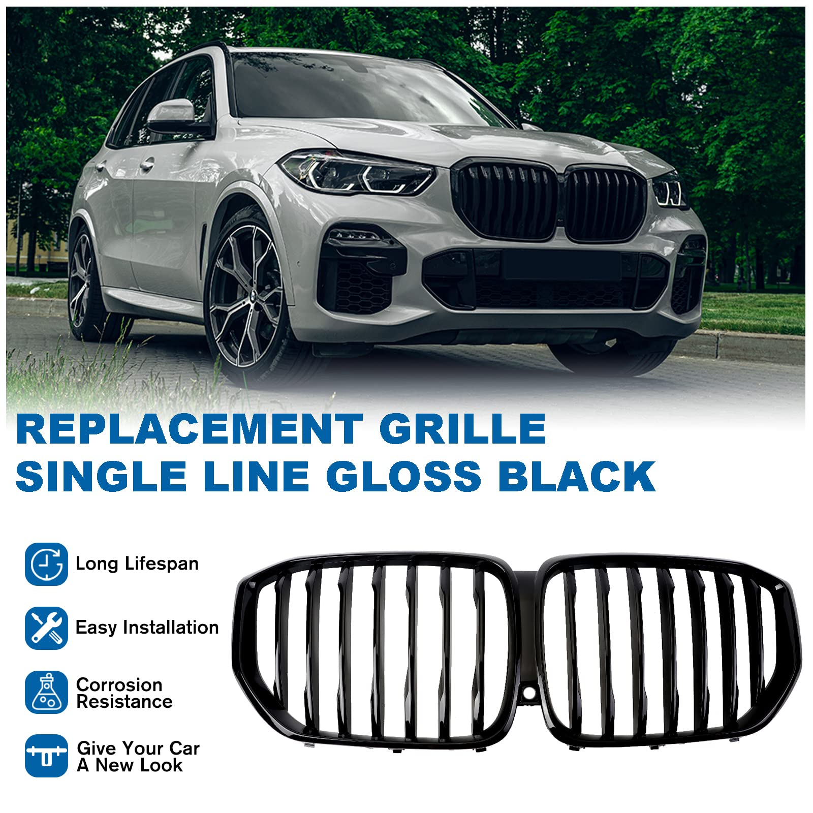 Glossy Black Front Grille for BMW X5 G05 (2019-2023) - Single Slat Kidney Grill Replacement - Perfect for Car Upgrades & Customization