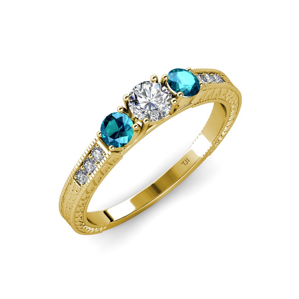 14K Yellow Gold Diamond & London Blue Topaz Milgrain Three-Stone Ring with Side Diamonds (0.85 ctw) - Perfect for Engagement, Anniversary & Special Occasion Jewelry Gifts
