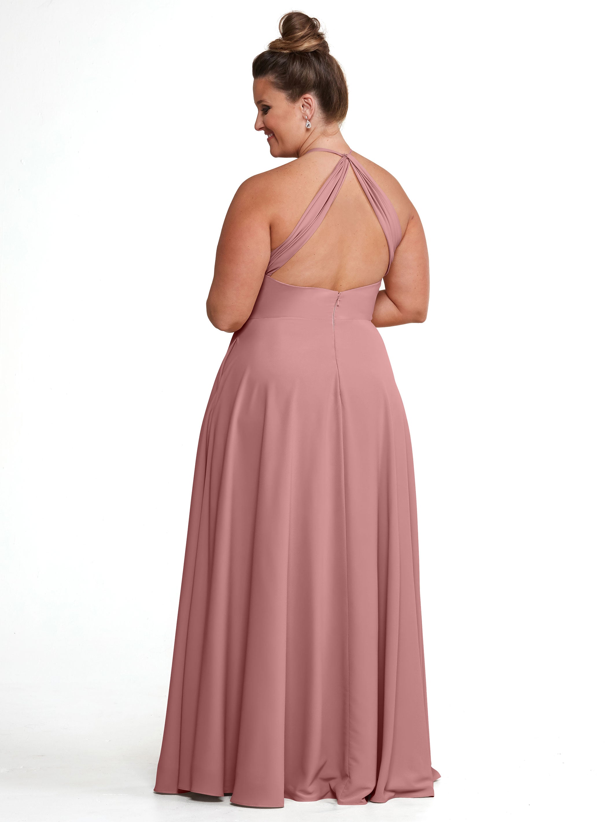 Elegant 83022 Stretch Chiffon Halter A-Line Bridesmaid Dress with Pockets - Perfect for Weddings, Formal Events & Special Occasions