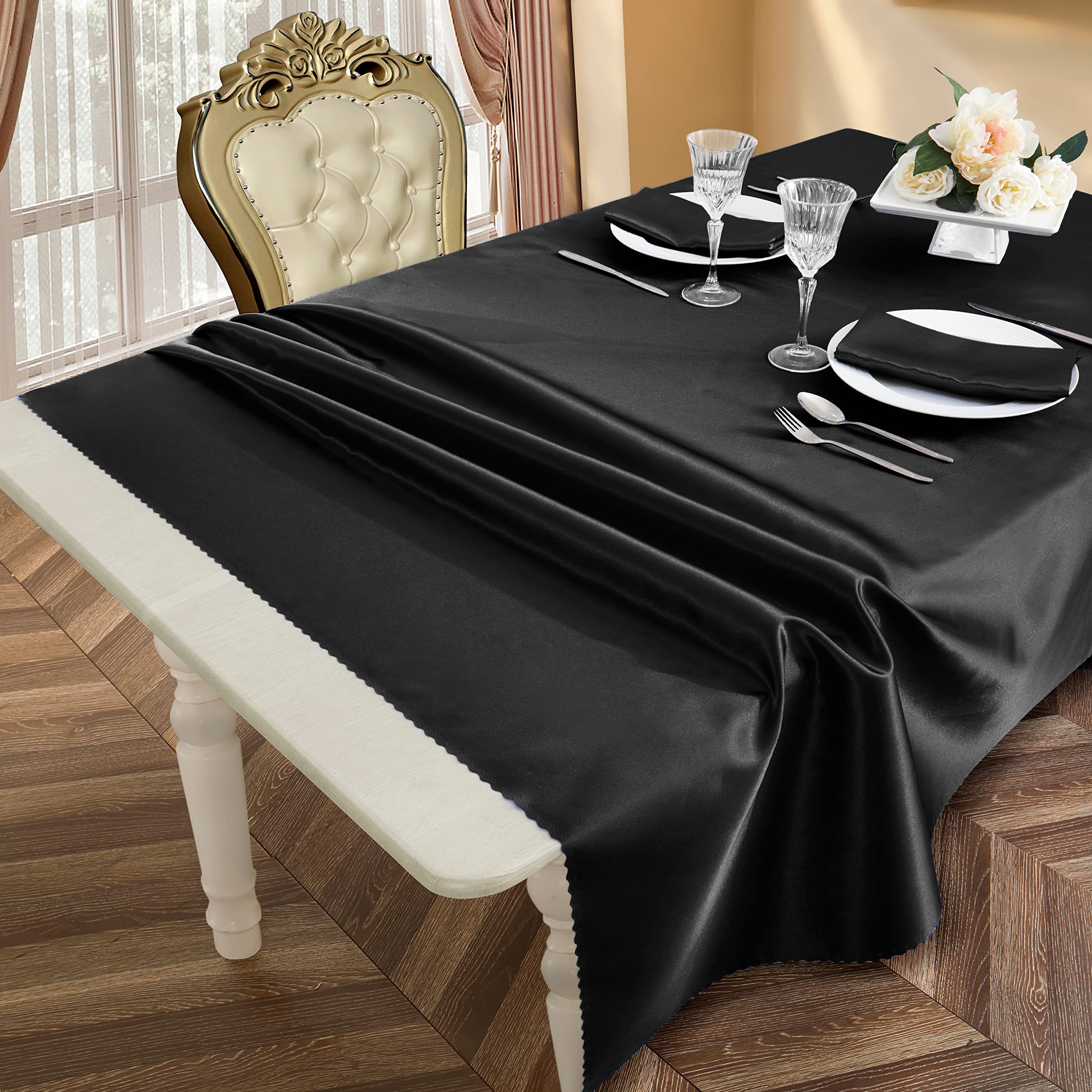Premium 6-Piece Satin Tablecloth Set - 60 x 102 Inch Long Rectangle Black Table Cover for Wedding, Party, Banquet & Restaurant - Smooth Silky Table Overlay for Elegant Dining & Special Events