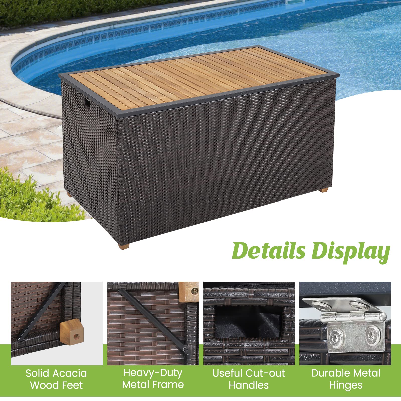 HAPPYGRILL 134 Gallon Rattan Deck Box with Zippered Liner - Waterproof Outdoor Storage Container with Acacia Wood Top & Feet, Effort-Saving Pneumatic Rod - Perfect for Patio, Porch, Backyard, Garden Organization & Cushion Storage