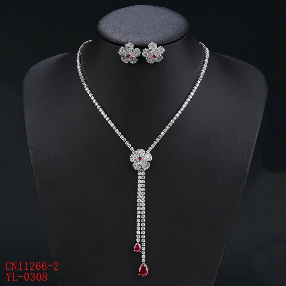 Elegant Floral Y Necklace & Earrings 2-Piece Set for Women - Wedding, Bridal, Party Jewelry Accessories - Perfect for Bridesmaids, Prom, and Formal Events