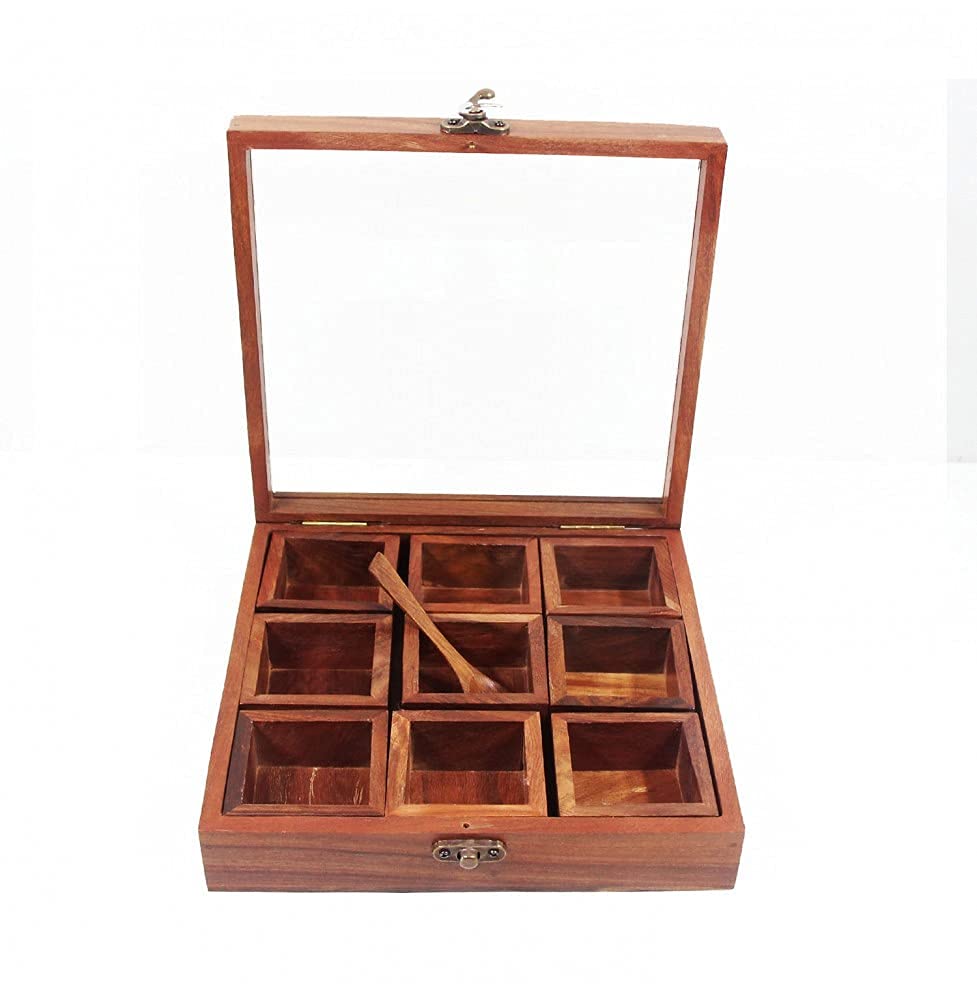 Antique Lock 9-Section Wooden Spice Box with Glass Jars - Premium Spice Storage Organizer for Kitchen, Pantry & Home Decor | Perfect for Herbs, Seasonings & Tea Collection