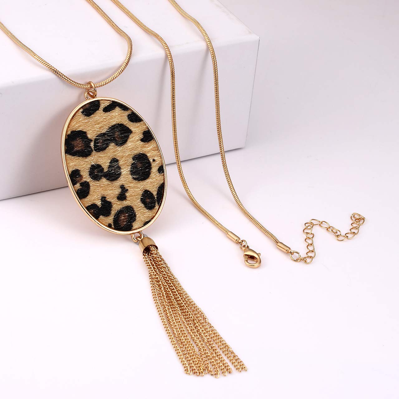 Women's Long Statement Necklace - Leopard & Snakeskin Print with Oval Leather Pendant | Fashion Jewelry for Casual Wear, Office & Evening Outfits