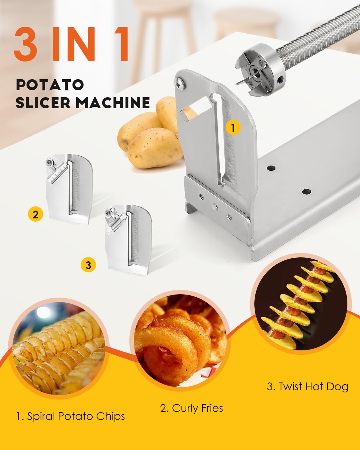 CGOLDENWALL 3-in-1 Manual Spiral Potato Slicer - Stainless Steel Tornado Twister Cutter for Vegetables & Fruits - Perfect for French Fries, Curly Fries & Fun Snacks at Home, Parties & Restaurants